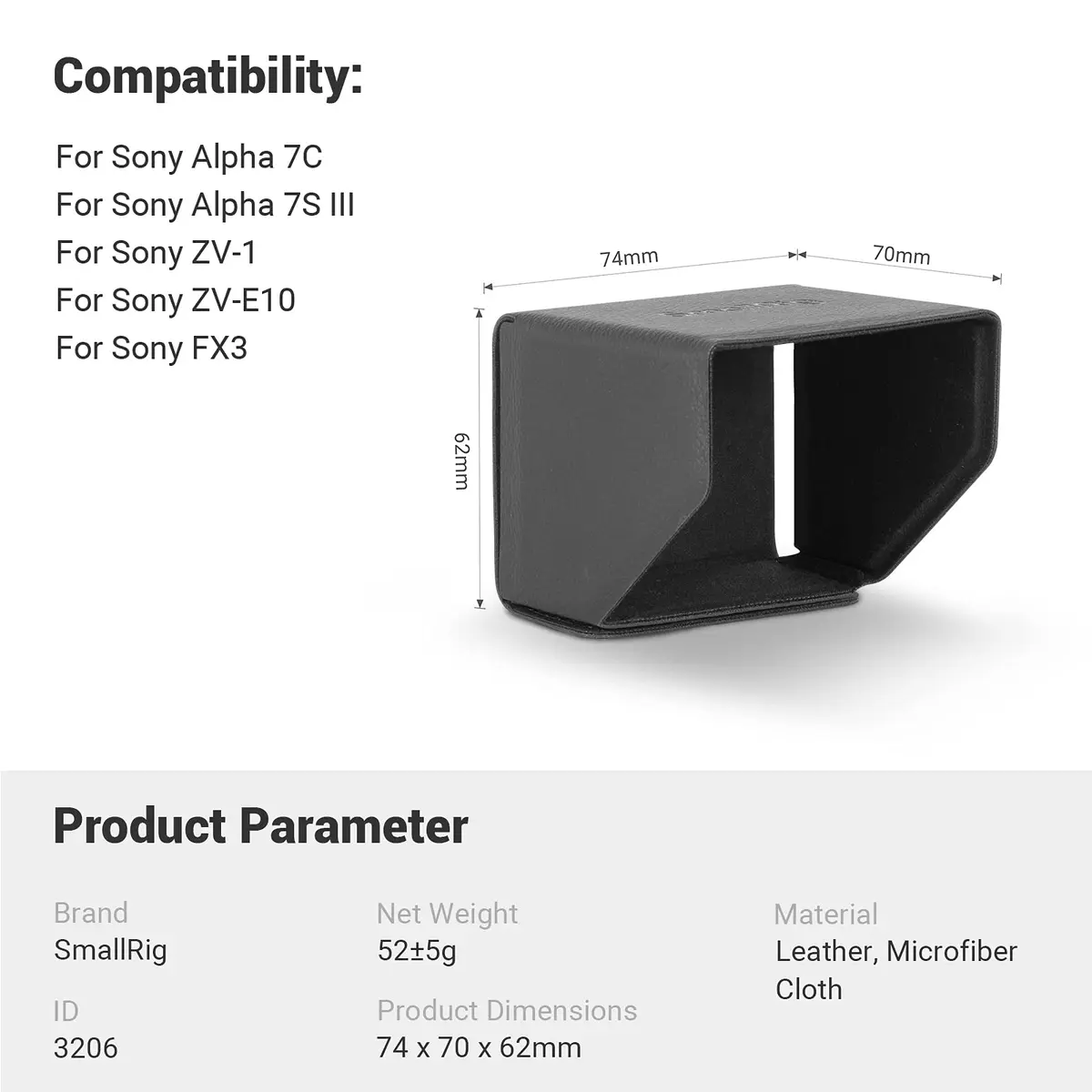 SmallRig Sun Hood for Sony Cameras | Reduce Glare & Reflections, Foldable, Leather & Microfiber, 52g - view 6