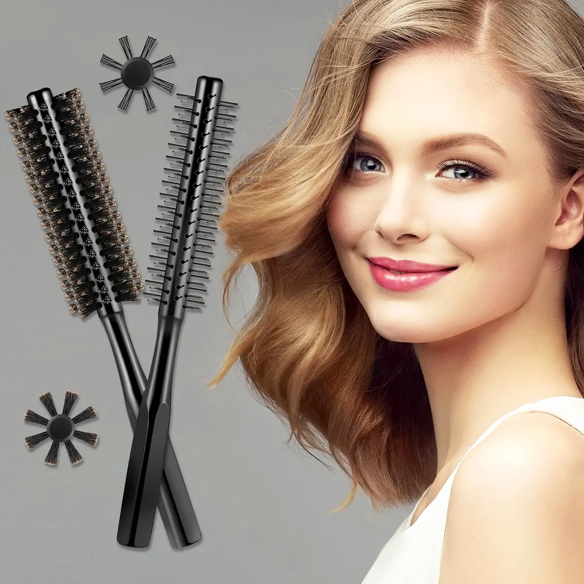 Geiserailie Black Round Hair Comb Set | 2-Piece Wooden Handle with Nylon & Boar Bristles | 21 cm (8.26 inches) - view 4