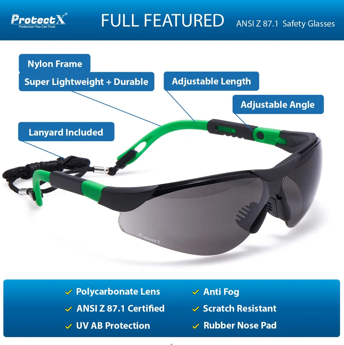 ProtectX Super Light Safety Glasses Pathfinder Tinted Smoke Polycarbonate Impact & Scratch Resistant Anti-Fog, 1 Unit | ANSI Z87.1 Rated UV Protection - view 6