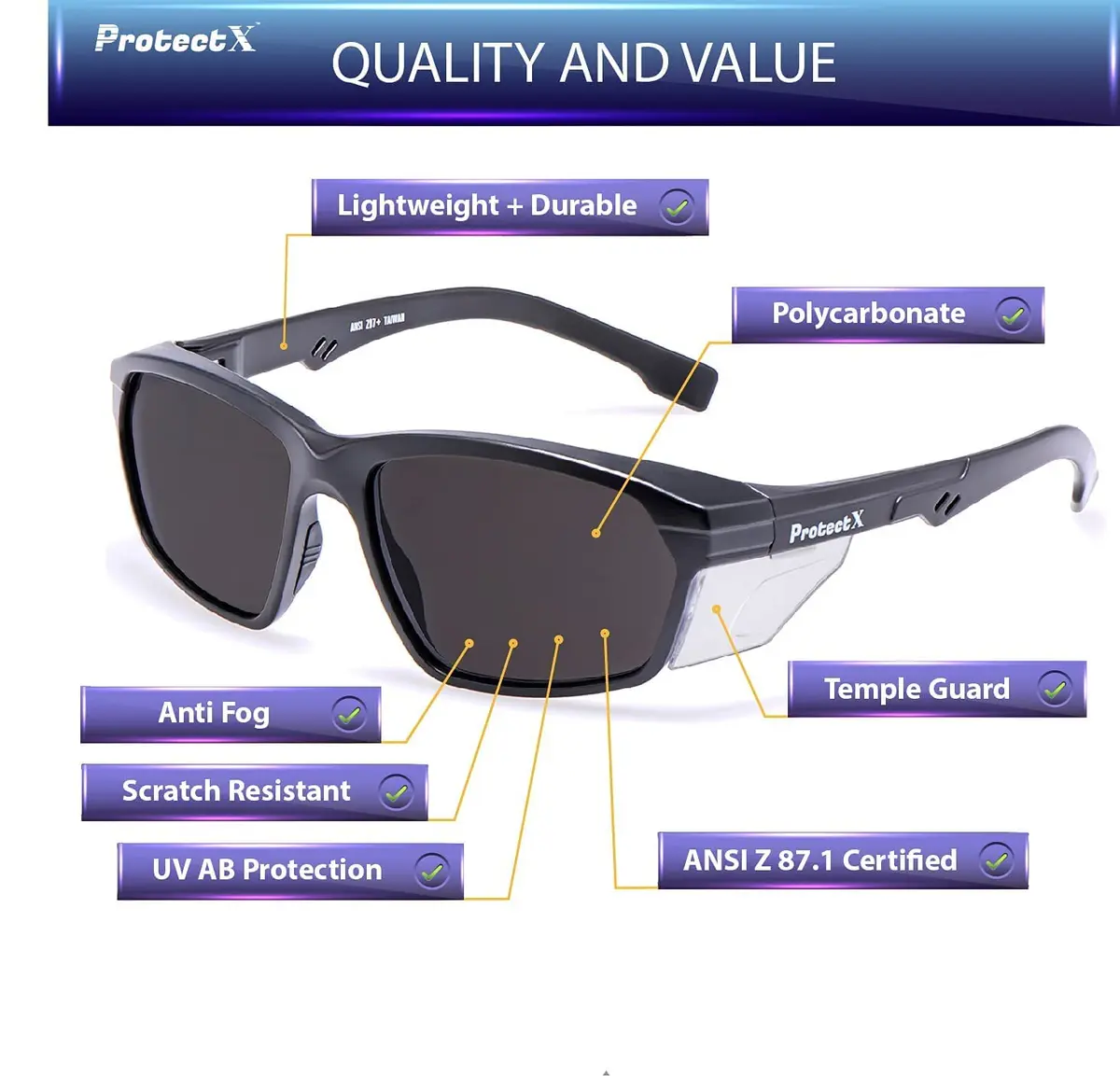 ProtectX Super Light Safety Glasses, Voyager Tinted Smoke, ANSI Z87.1 Rated | Anti-Fog, UV Protection - view 2