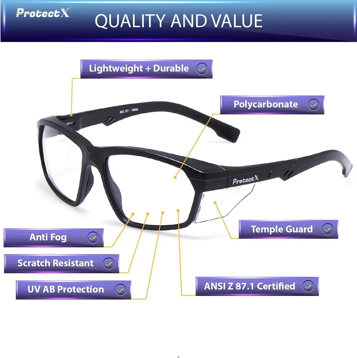 ProtectX Voyager Clear Super Light Safety Glasses | ANSI Z87.1 Rated, Anti-Fog, UV Protection - view 2