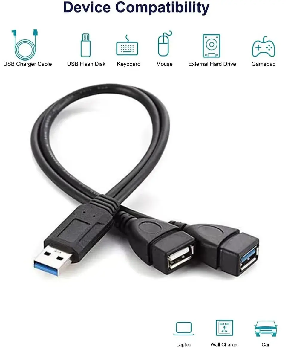 Eanetf Dual USB Splitter Cable 30cm (1ft) | USB 3.0 Female + USB 2.0 Female - view 4
