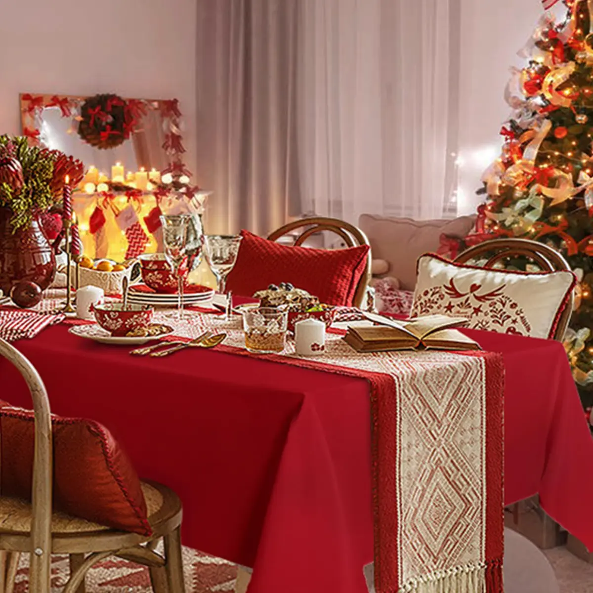 sancua 2 Pack Red Tablecloths 60x102 Inch | Perfect for 6ft Tables, Wrinkle-Free & Durable - view 3
