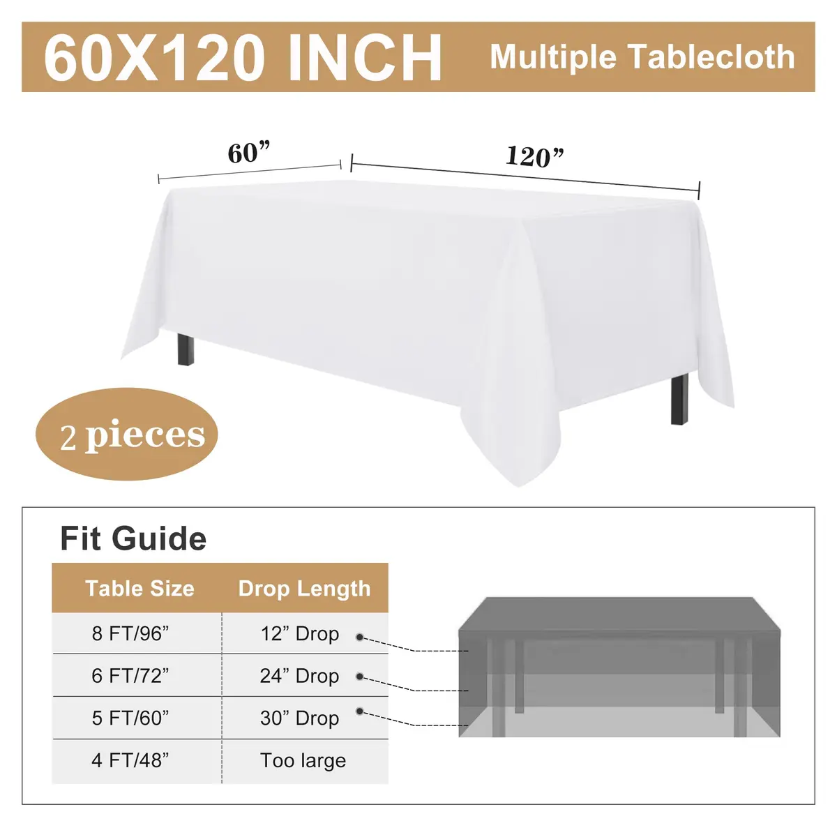 sancua 2 Pack White Table Cloth 60x120 Inch | Perfect for 8ft Rectangle Tables - view 7