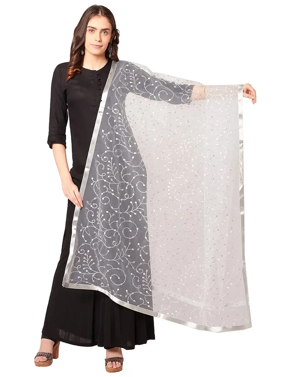 DUPATTA BAZAAR Embroidered Silver Net Dupatta 2.4 m (2.6 yd) | Elegant Indian Ethnic Wear Accessory - main product image