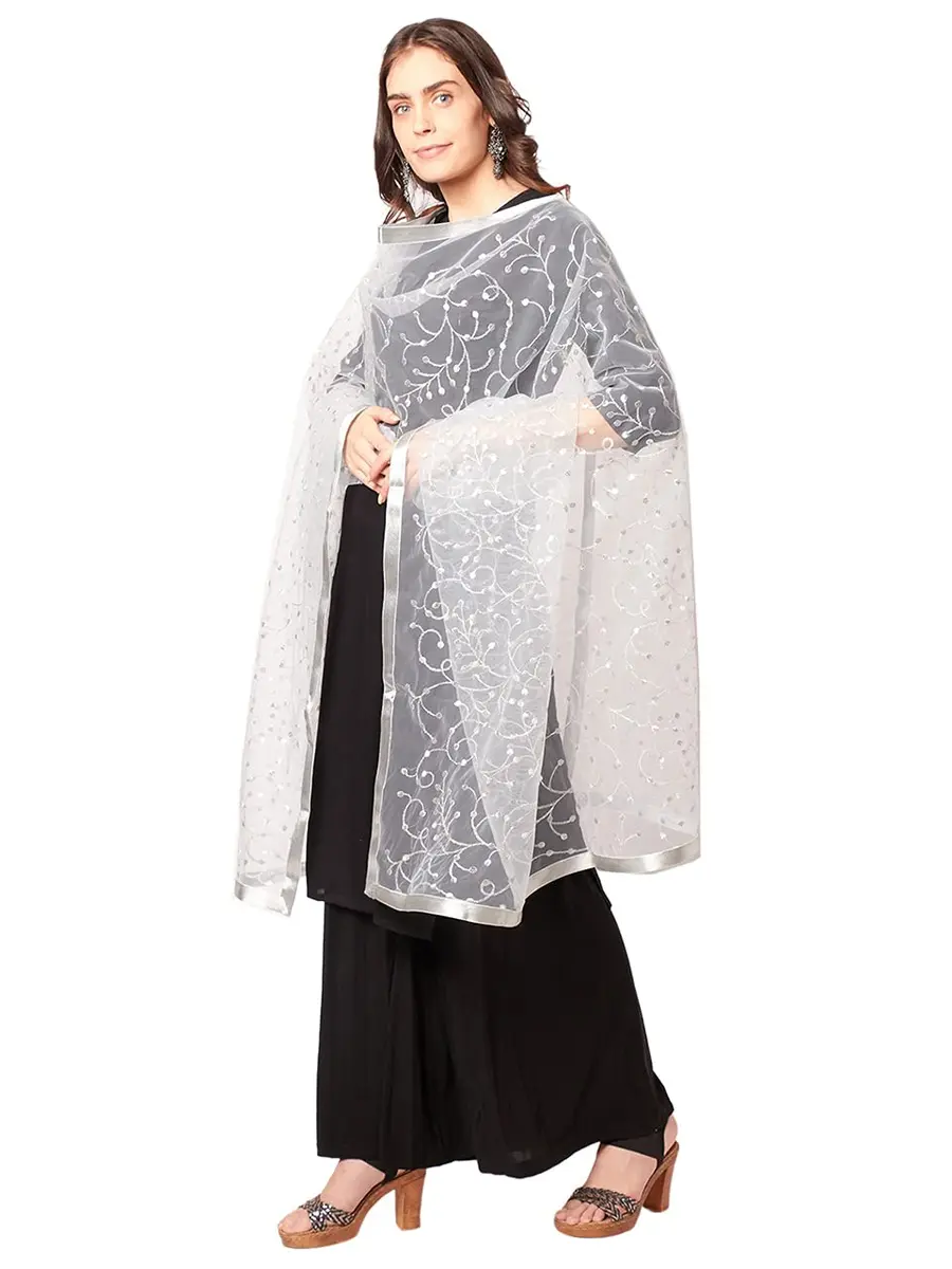 DUPATTA BAZAAR Embroidered Silver Net Dupatta 2.4 m (2.6 yd) | Elegant Indian Ethnic Wear Accessory - view 5