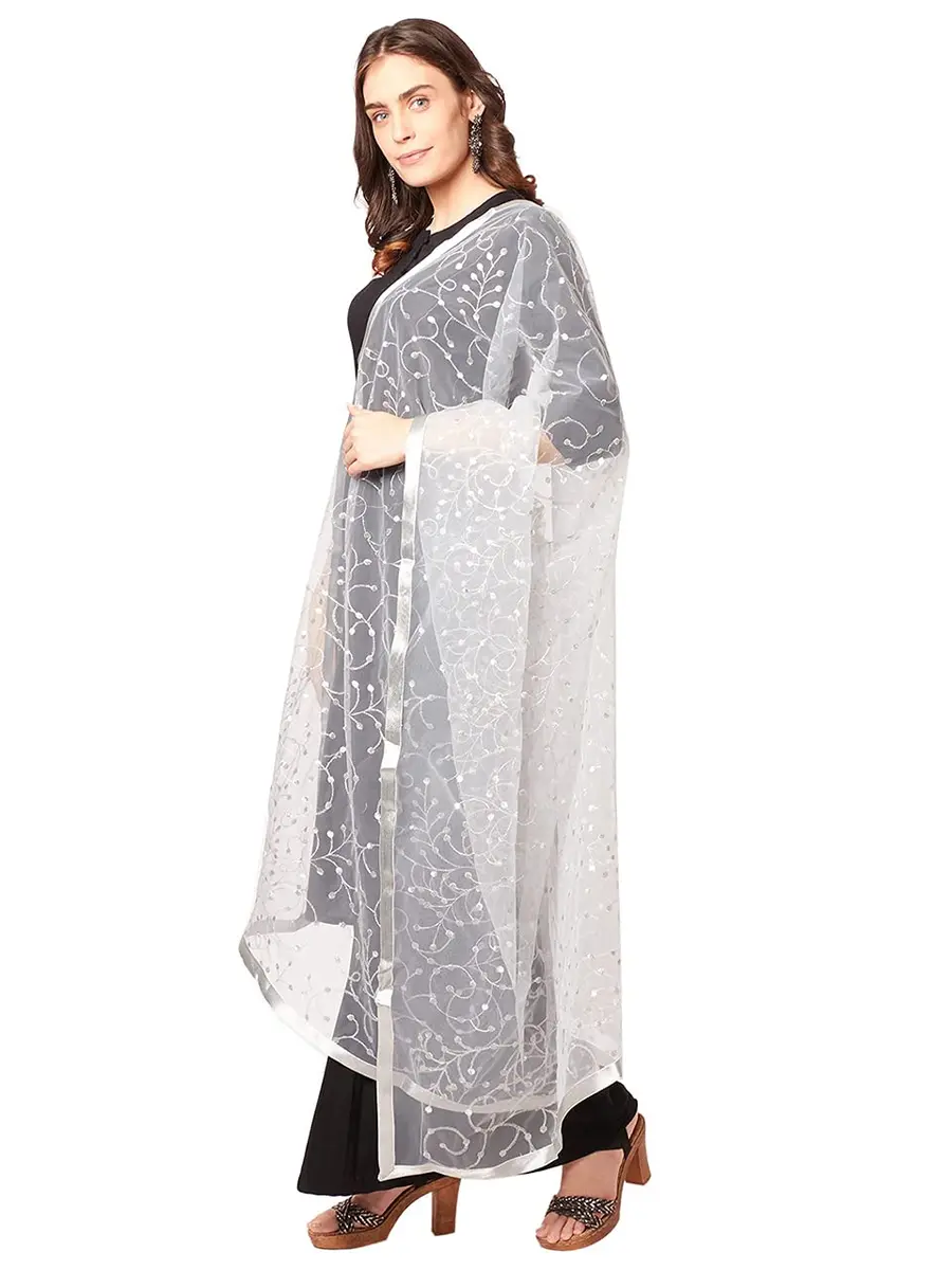 DUPATTA BAZAAR Embroidered Silver Net Dupatta 2.4 m (2.6 yd) | Elegant Indian Ethnic Wear Accessory - view 3