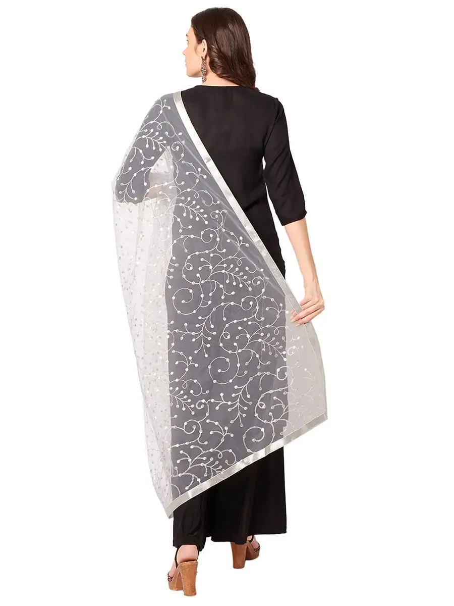 DUPATTA BAZAAR Embroidered Silver Net Dupatta 2.4 m (2.6 yd) | Elegant Indian Ethnic Wear Accessory - view 4