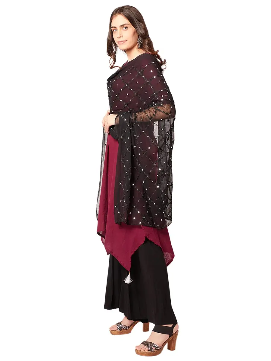 DUPATTA BAZAAR Women's Black Embroidered Chiffon Dupatta with Mirror Work | Elegant & Breathable - view 5