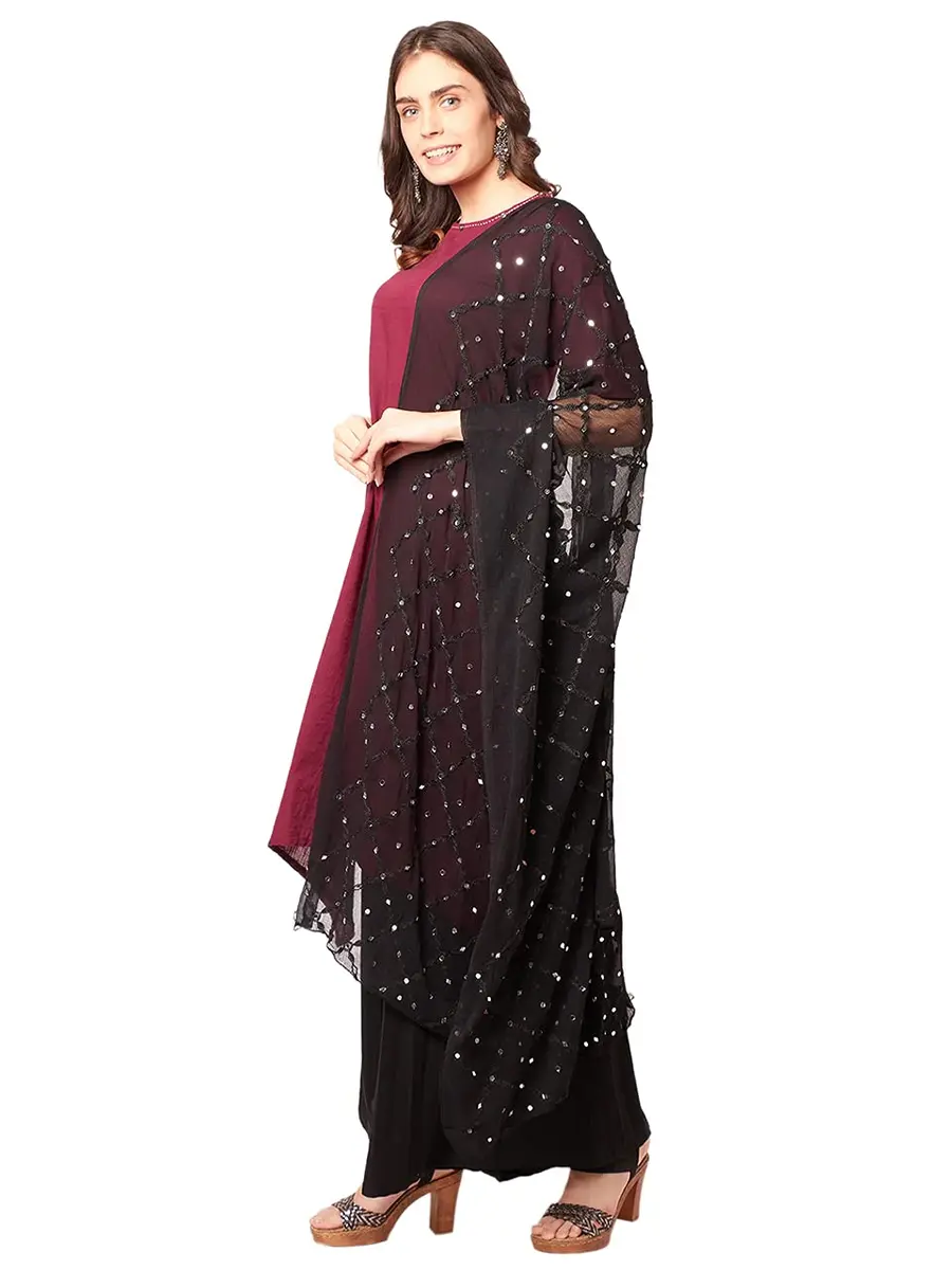 DUPATTA BAZAAR Women's Black Embroidered Chiffon Dupatta with Mirror Work | Elegant & Breathable - view 3