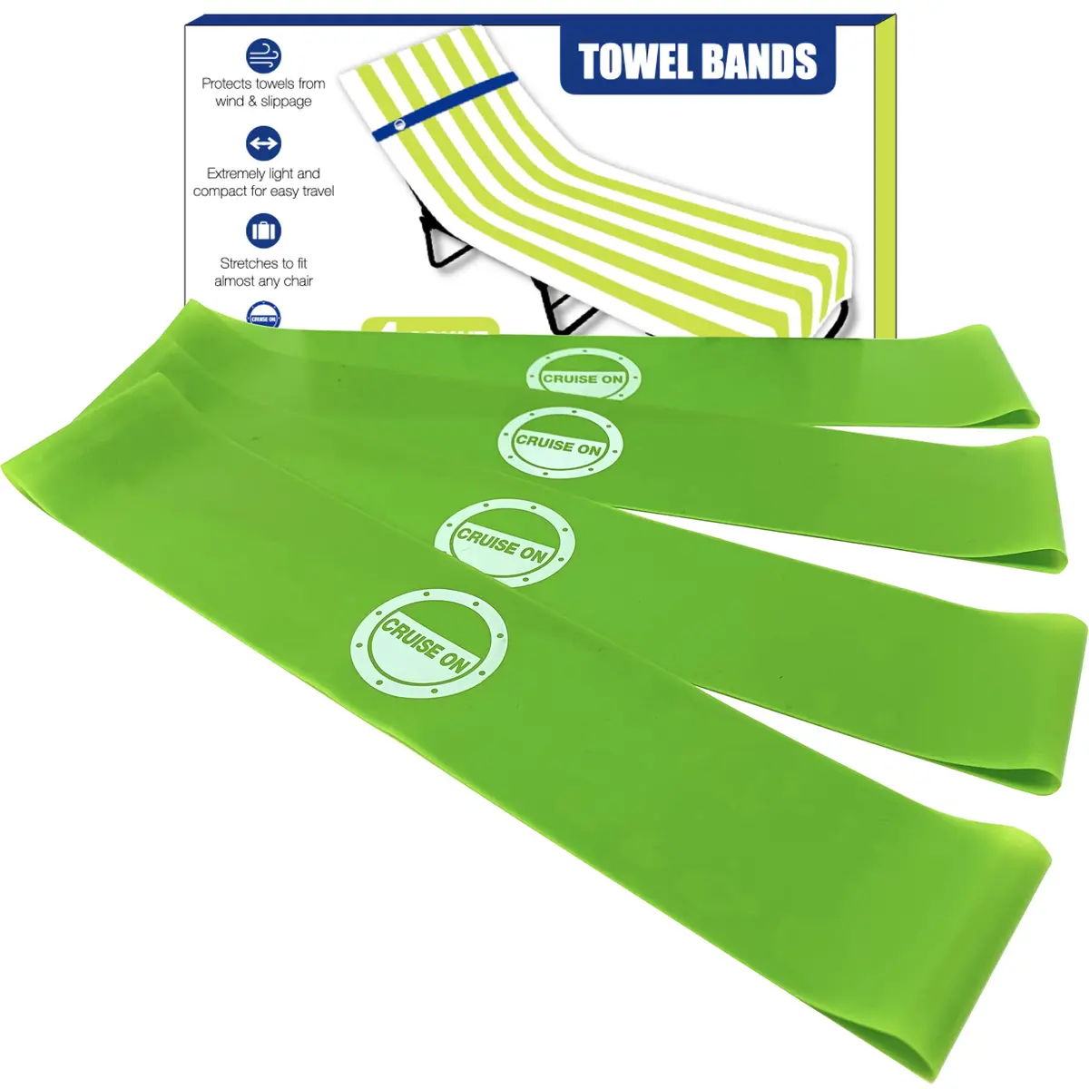 Cruise On Towel Bands for Cruise Chairs, 4 Pack, Green and Lime | Secure Beach Towel Holders for Lounge Chairs - main product image