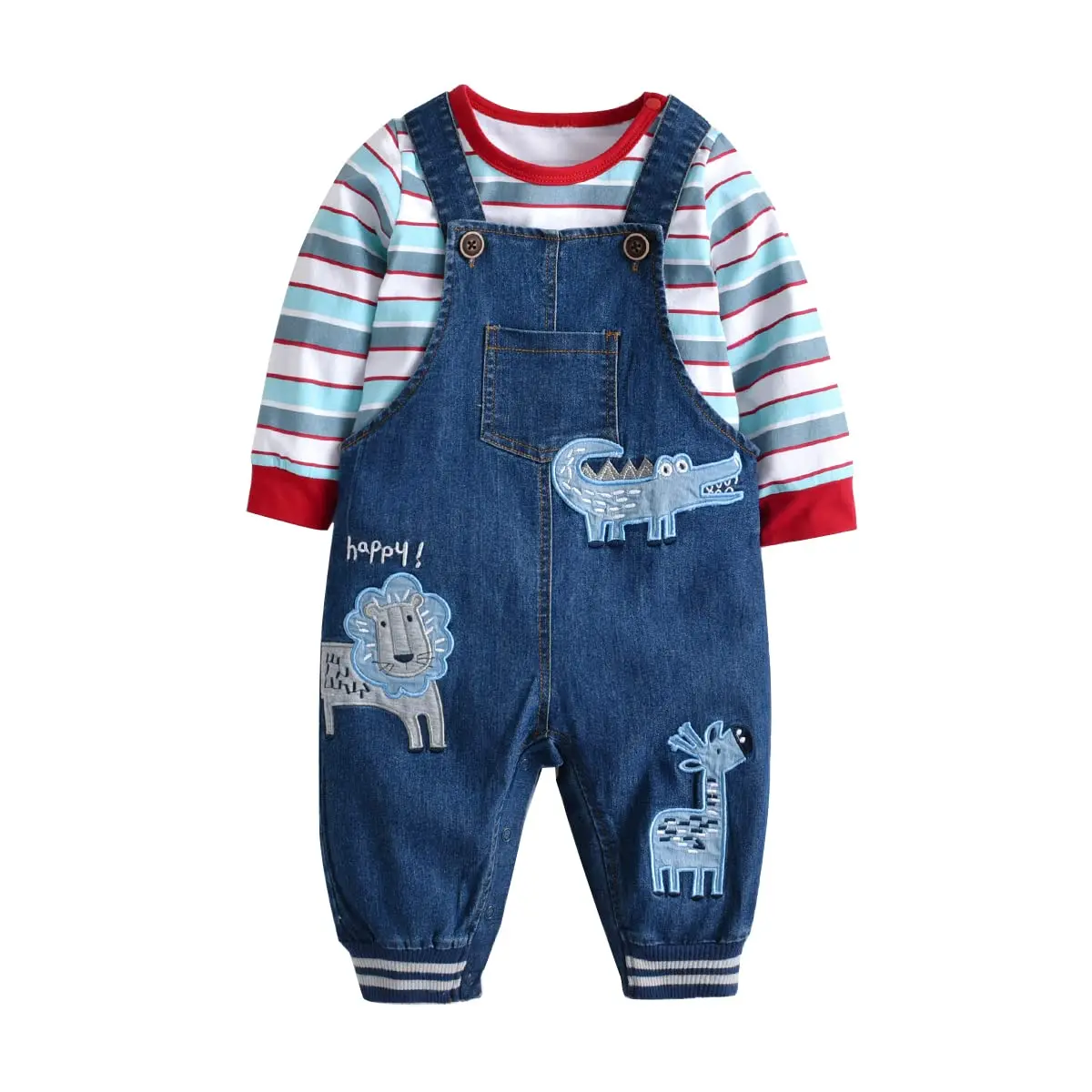LvYinLi Baby Boy Clothes Set 19-24 Months | Cotton Long Sleeve Romper & Dinosaur Denim Overalls - main product image