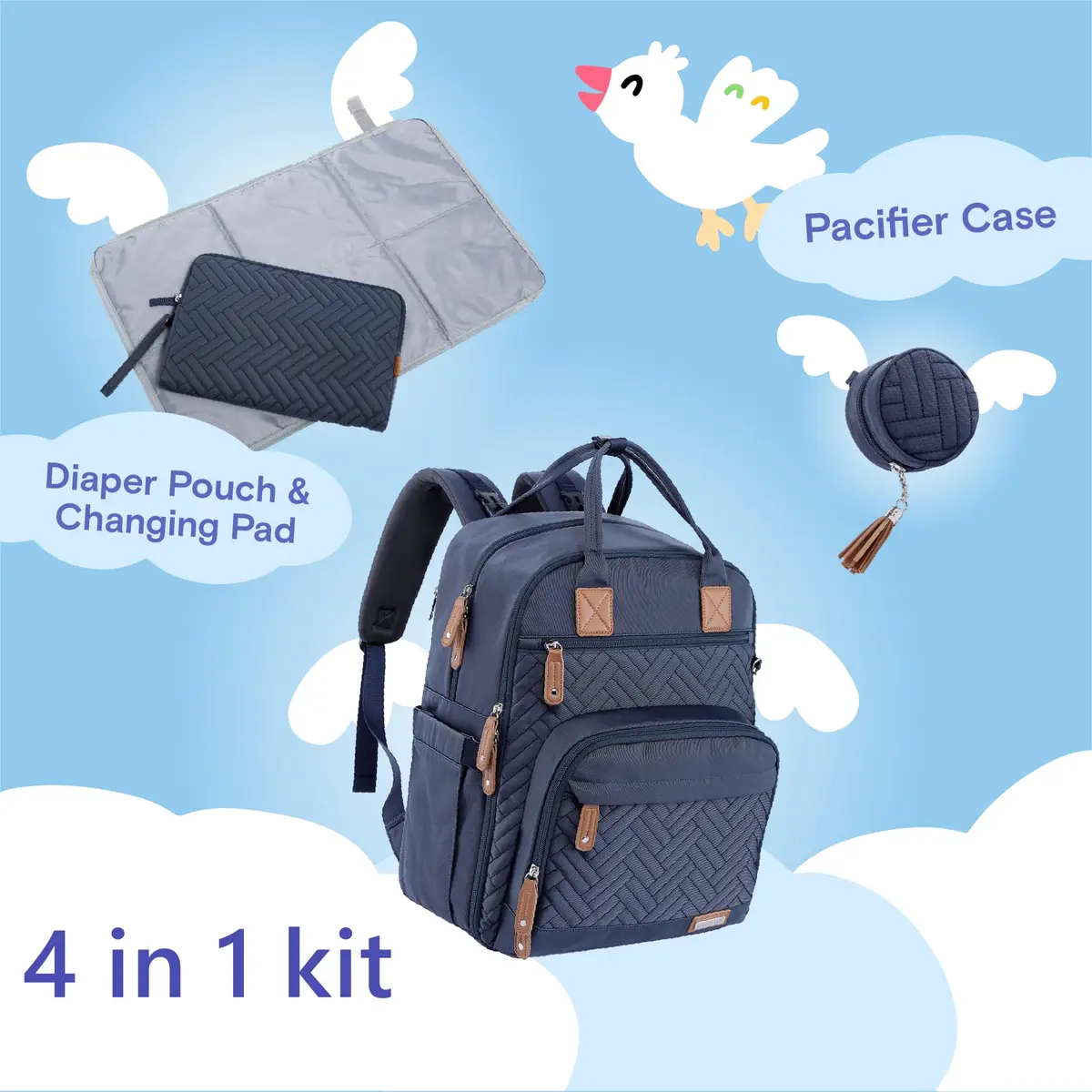 iniuniu Baby Diaper Bag Backpack, 4 in 1 kit Waterproof Large Capacity for Moms Dads, Navy Blue | Unisex Travel Backpack with Washable Changing Pad - view 2