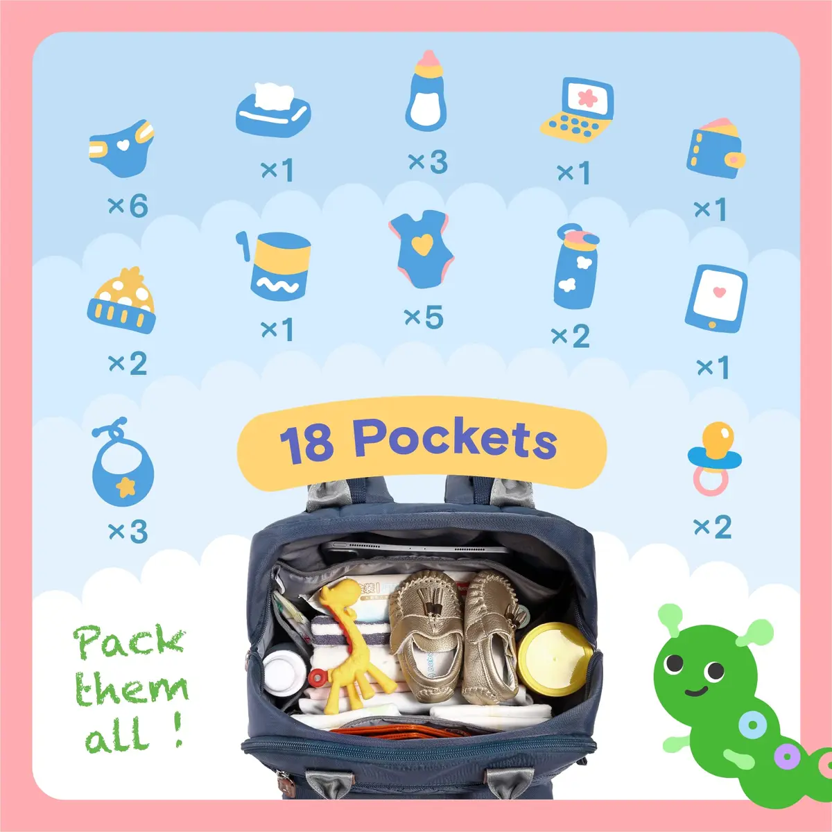iniuniu Baby Diaper Bag Backpack, 4 in 1 kit Waterproof Large Capacity for Moms Dads, Navy Blue | Unisex Travel Backpack with Washable Changing Pad - view 4