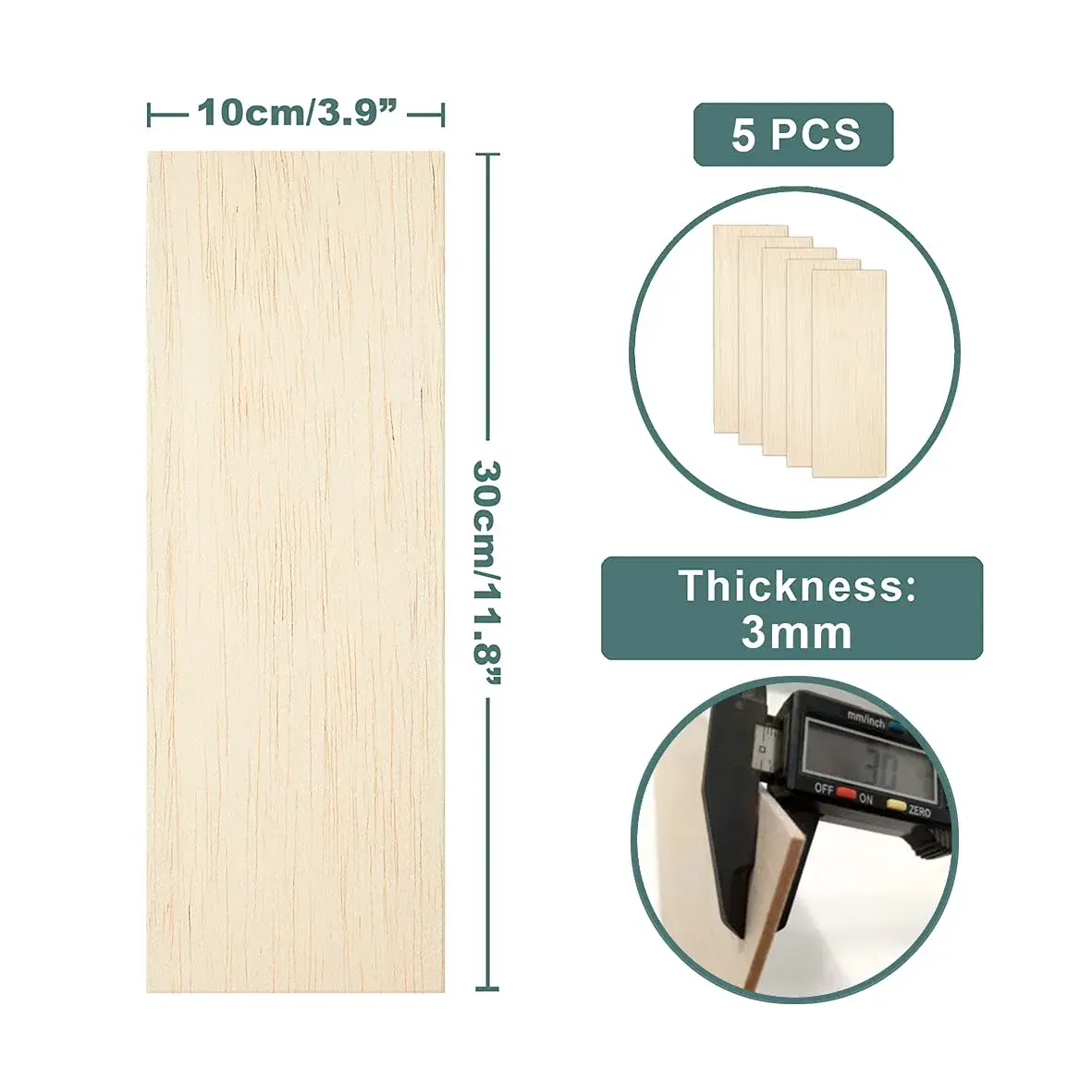 Craftiff Balsa Wood Sheets 1/8" Thick 12" x 4" (300x100mm) | 5 Pack Unfinished Wood for Crafts - view 2