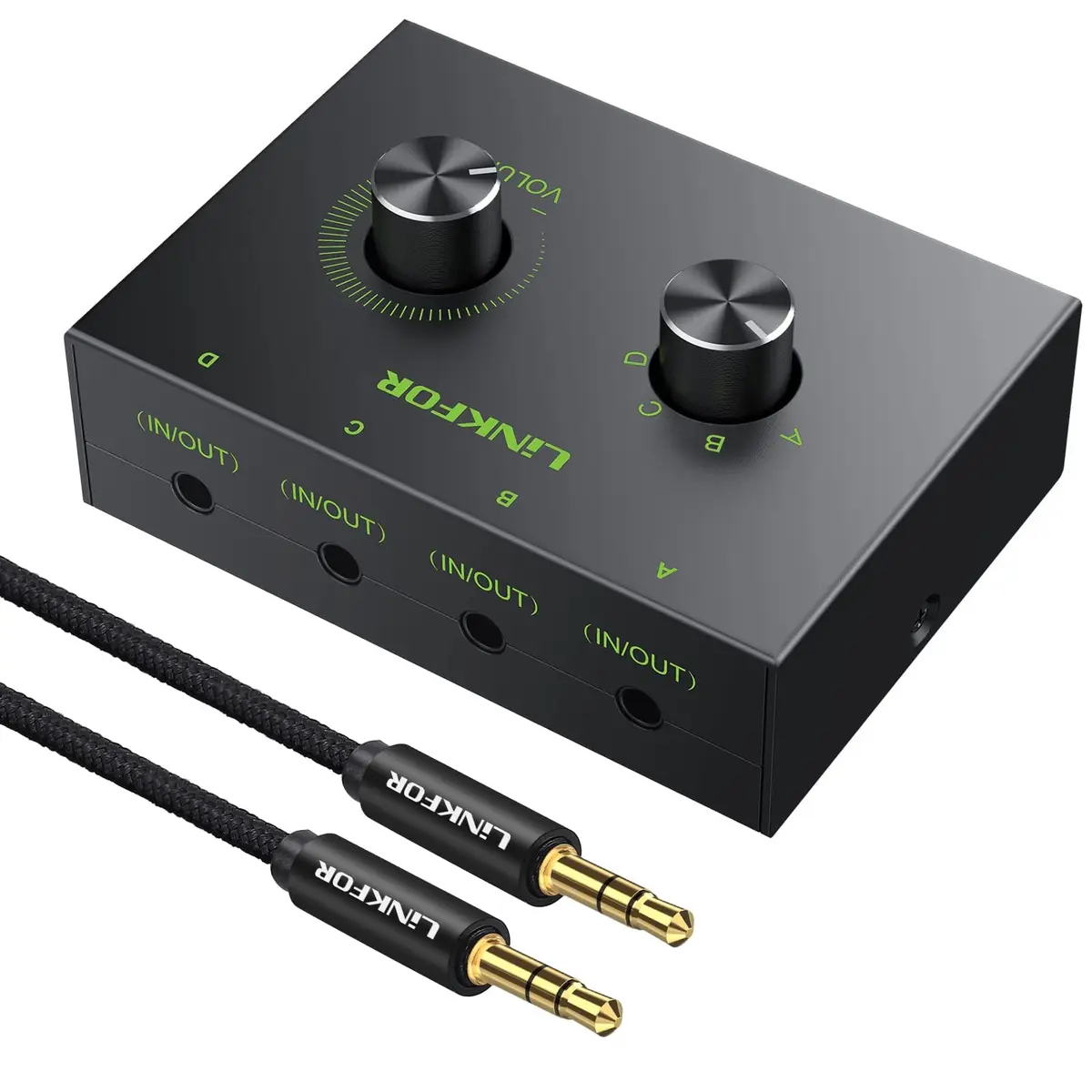 LiNKFOR 4-Port Bidirectional 3.5mm Audio Switch with Volume Control | Compact, Easy Install, Supports 2V Max Signal (70-120c) - main product image