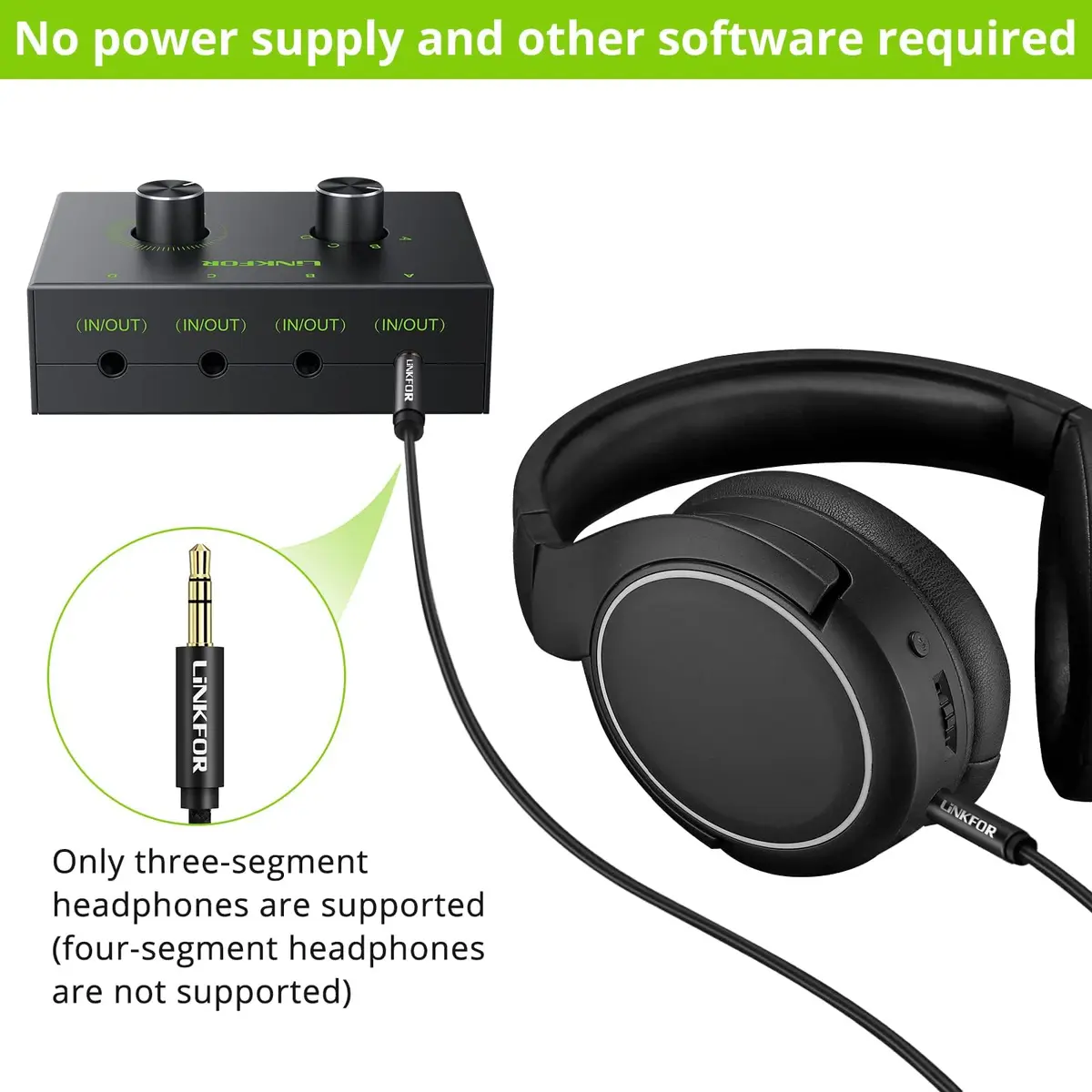 LiNKFOR 4-Port Bidirectional 3.5mm Audio Switch with Volume Control | Compact, Easy Install, Supports 2V Max Signal (70-120c) - view 5
