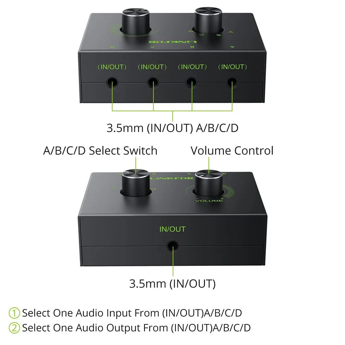 LiNKFOR 4-Port Bidirectional 3.5mm Audio Switch with Volume Control | Compact, Easy Install, Supports 2V Max Signal (70-120c) - view 2