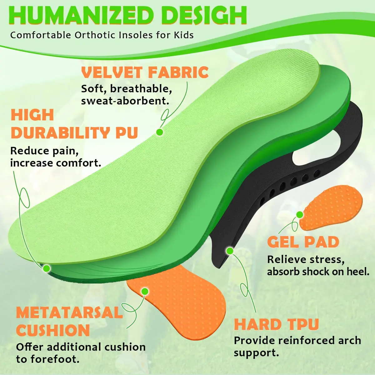 Ailaka Kids Arch Support Shoe Insert - Plantar Fasciitis Insoles for Flat Feet & High Arch, 1-3 M US Little Kid, Green - view 3