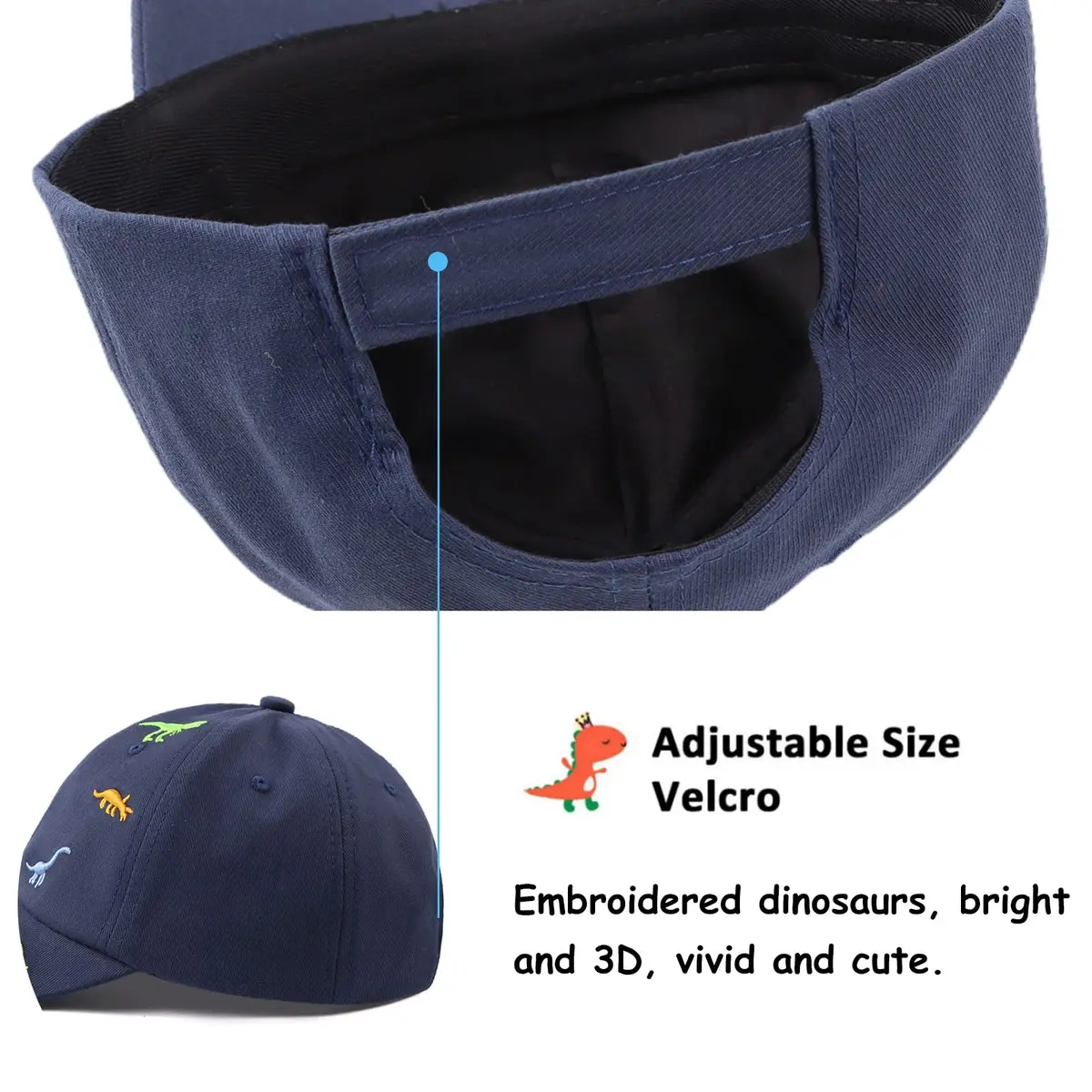 Bamery Toddler Baseball Hat for Boys&Girls 2-6 Years | Embroidered Dinosaur Navy, Adjustable Cotton Cap - view 4