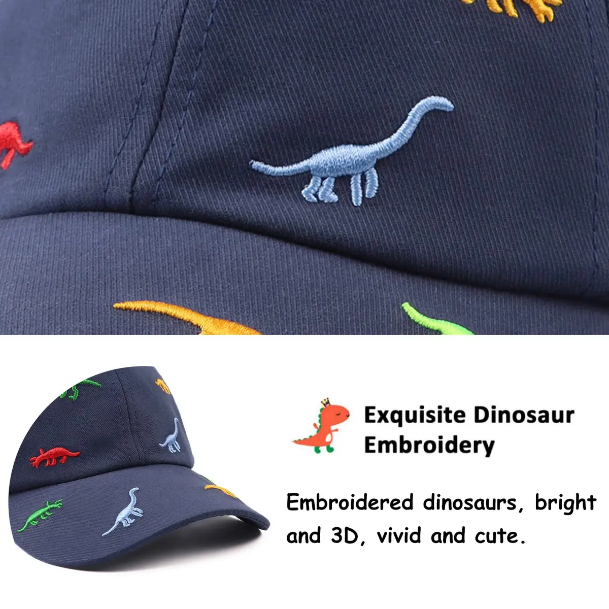Bamery Toddler Baseball Hat for Boys&Girls 2-6 Years | Embroidered Dinosaur Navy, Adjustable Cotton Cap - view 5