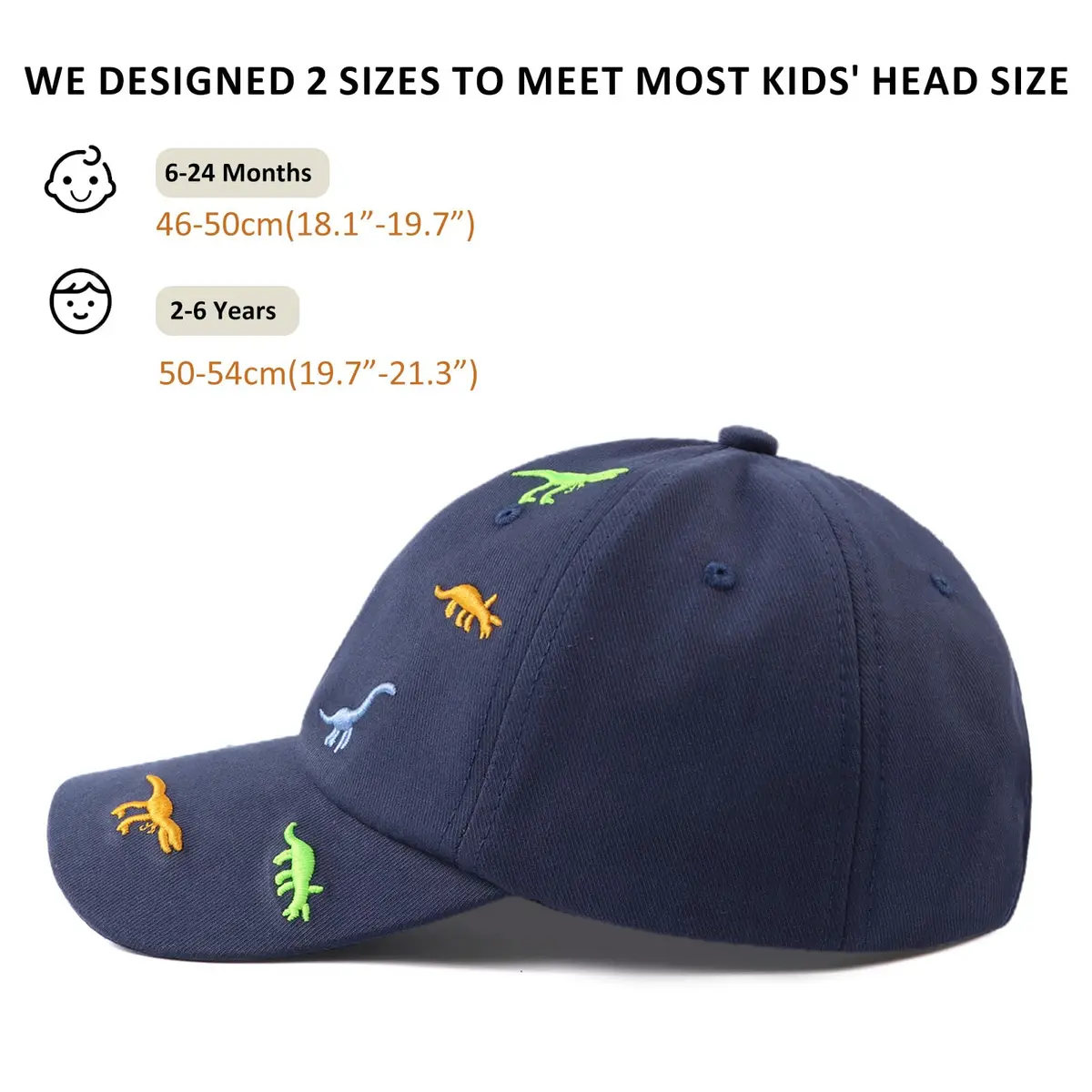 Bamery Toddler Baseball Hat for Boys&Girls 2-6 Years | Embroidered Dinosaur Navy, Adjustable Cotton Cap - view 6