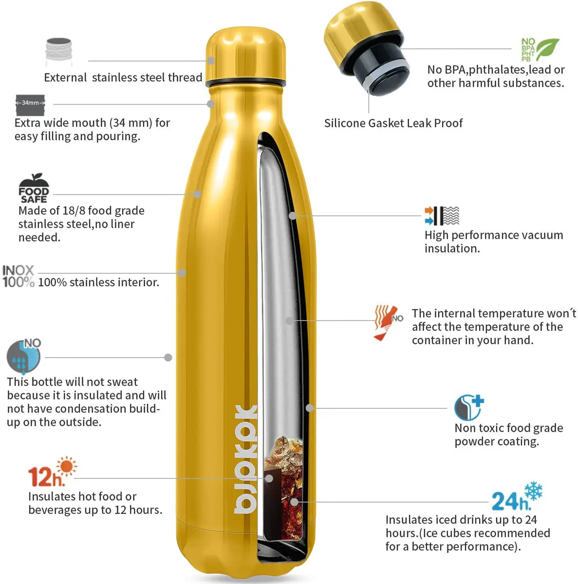 BJPKPK 25 oz Insulated Water Bottle | Double Wall Vacuum, Keeps Hot/Cold, Leak Proof, BPA Free, Car Cup Fit - view 3