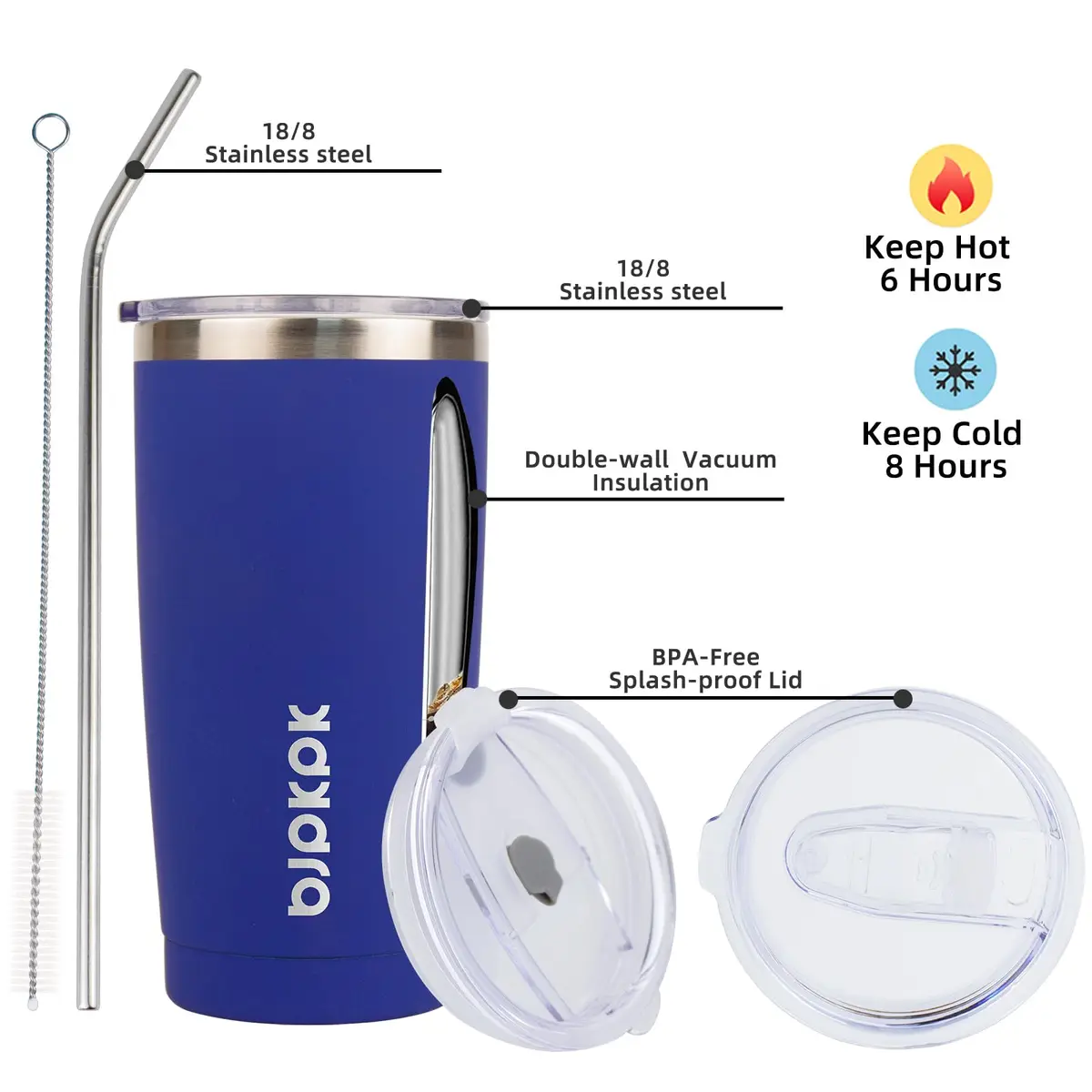 BJPKPK 20 oz Insulated Stainless Steel Tumbler with Lid & Straw | Keeps Drinks Cold 24 Hrs, Hot 12 Hrs - view 2