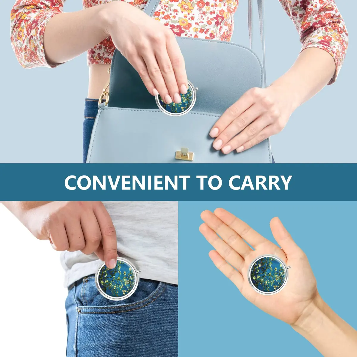 Hion Pill Box 3 Compartment Small Pill Organizer for Pocket or Purse | Elegant Metal & Plastic Design - view 6