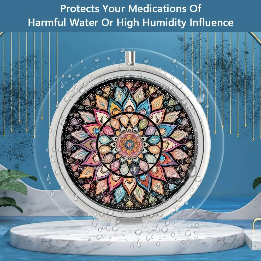 Hion 3 Compartment Small Pill Box Case 1.77" Diameter | Artistic Pattern Portable Pill Container Holder - view 2
