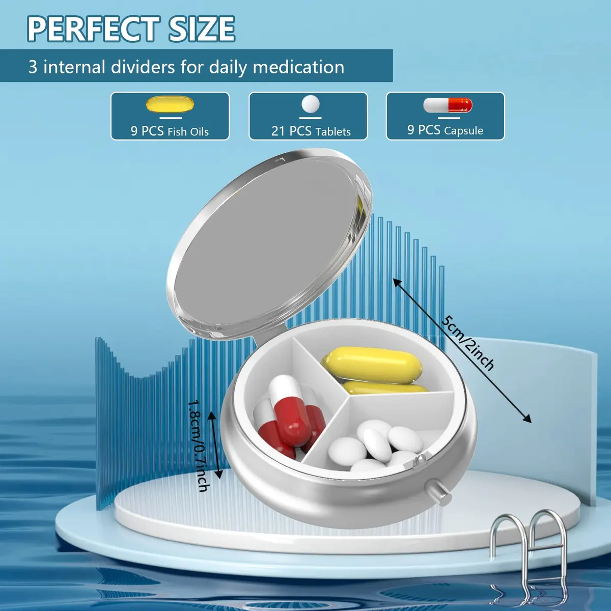 Hion 3 Compartment Small Pill Box Case 1.77" Diameter | Artistic Pattern Portable Pill Container Holder - view 3