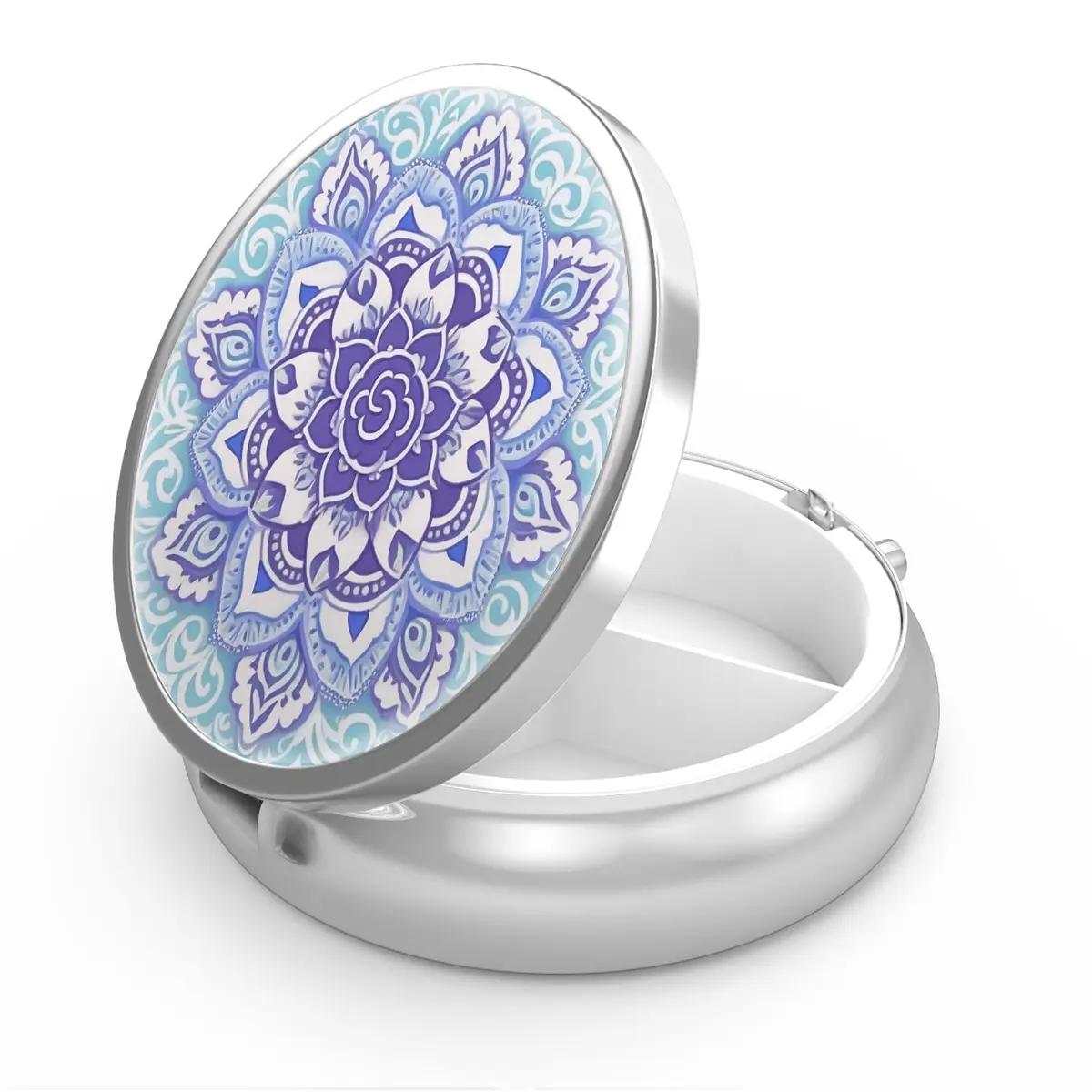 Hion 3 Compartment Round Pill Box Case 1.77" Diameter (4.5 cm) | Artistic Mandala Blue Design - main product image