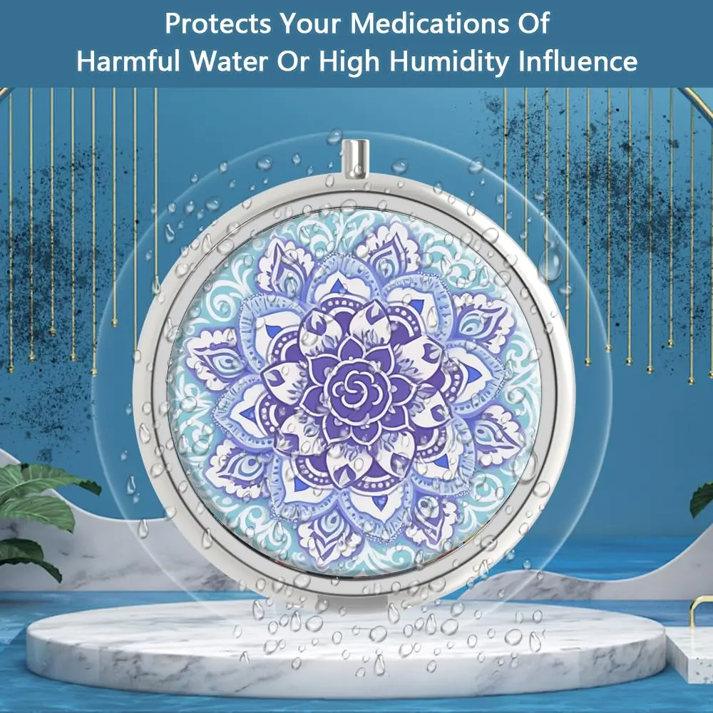 Hion 3 Compartment Round Pill Box Case 1.77" Diameter (4.5 cm) | Artistic Mandala Blue Design - view 2