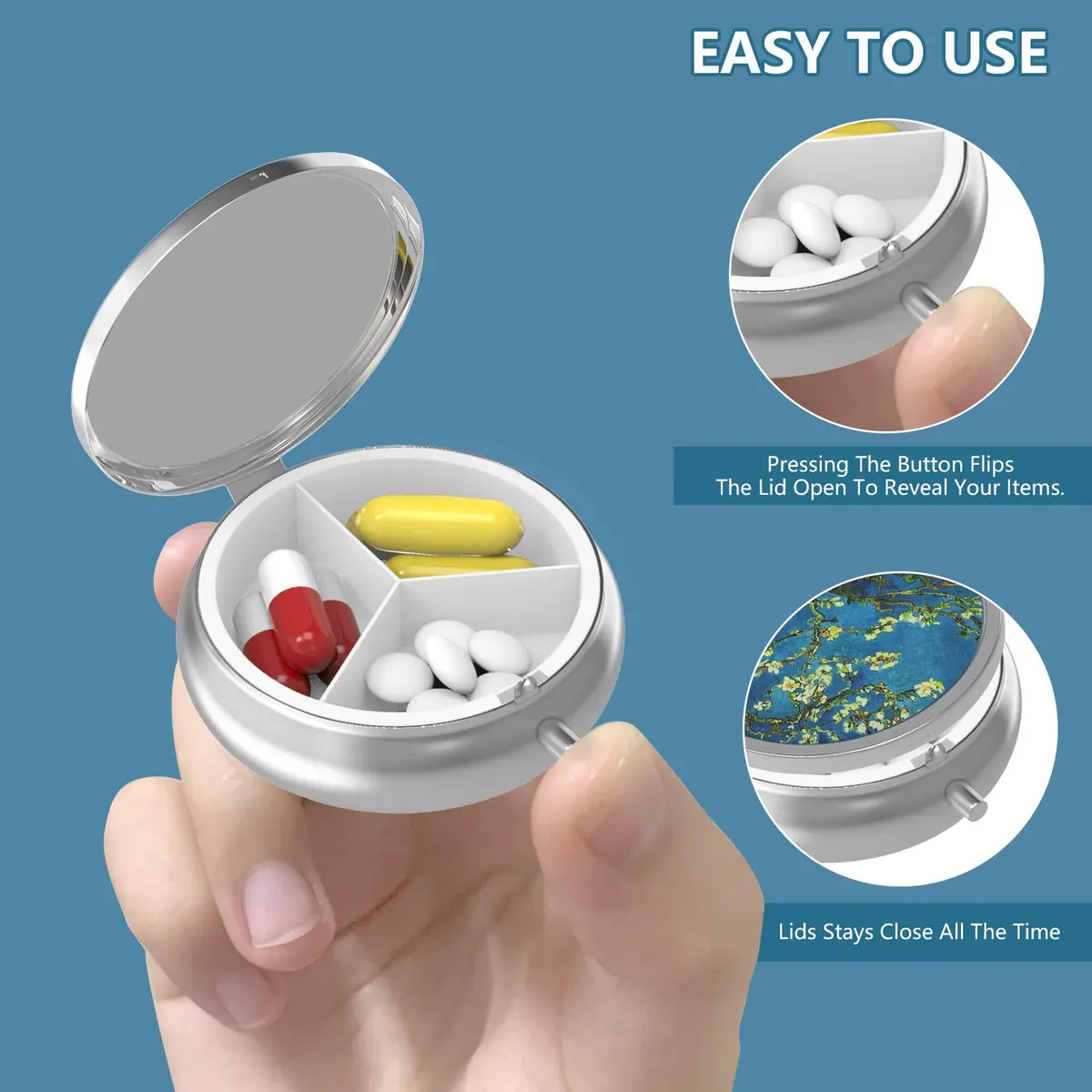 Hion 3 Compartment Round Pill Box Case 1.77" Diameter (4.5 cm) | Artistic Mandala Blue Design - view 4