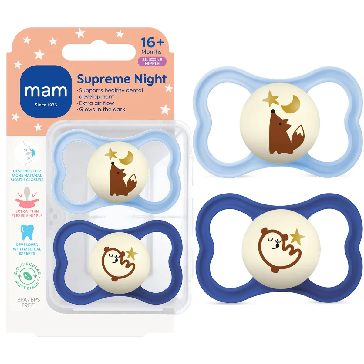 MAM Supreme Baby Pacifier 16+ Mths | Extra Thin Silicone, Night Glow, 2 Pack - main product image