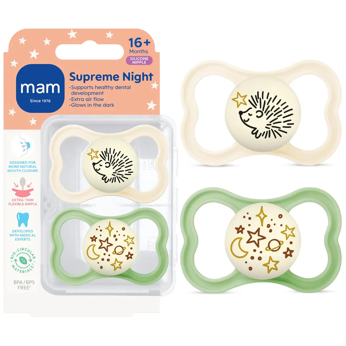 MAM Supreme Baby Pacifier 16+ Mths Premium Extra Thin Nipple 2 Pack | Supports Natural Oral Development - main product image