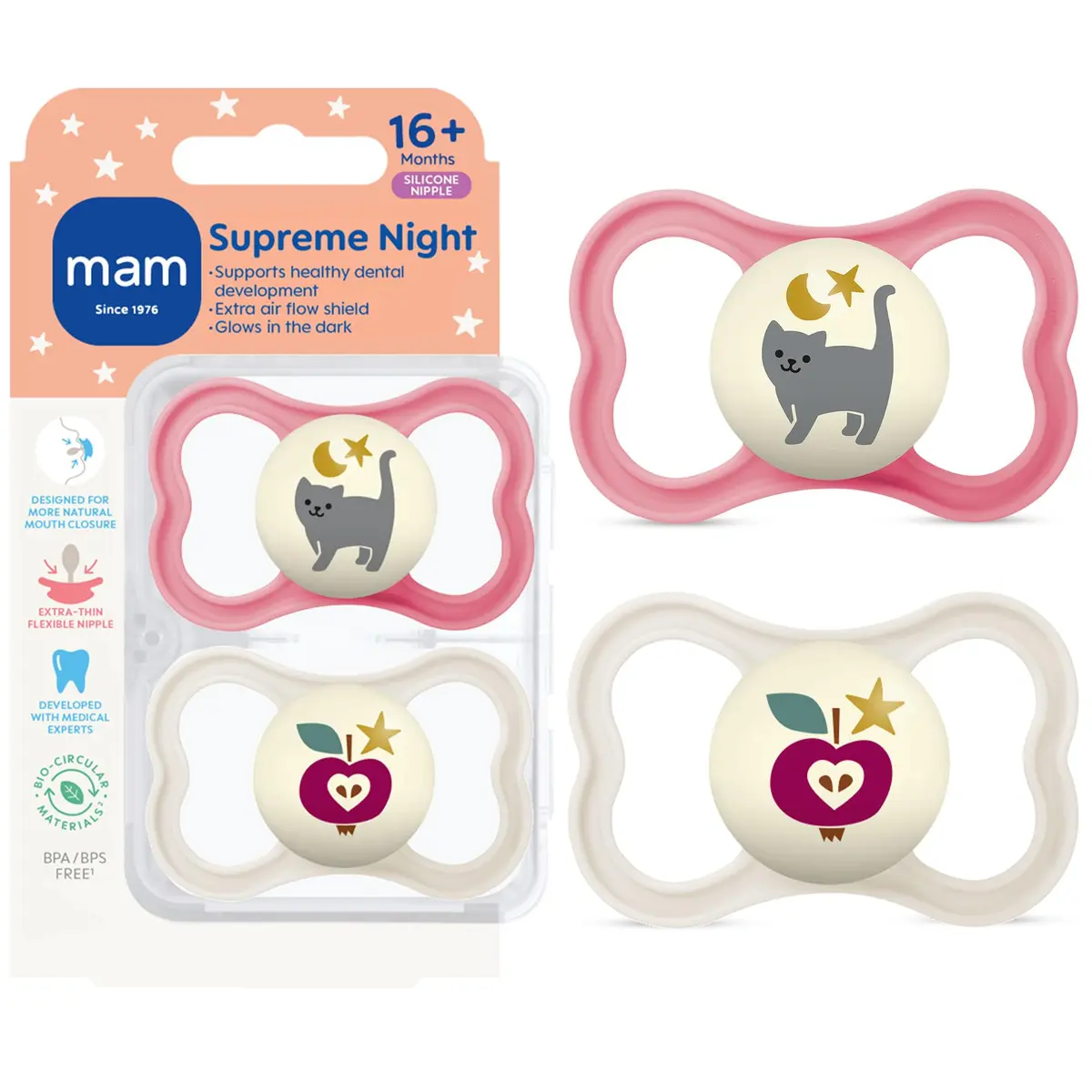 MAM Supreme Baby Pacifier 16+ Mths Glow-in-the-Dark 2-Pack | Developed with Orthodontists & Pediatric Dentists - main product image