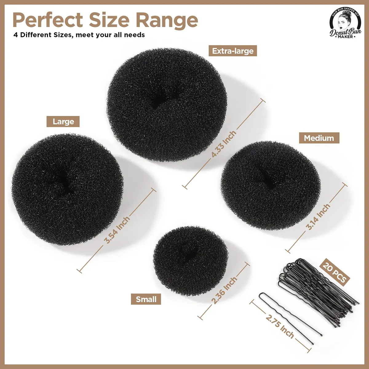 Teenitor Black Hair Donut Bun Maker Set | Extra-large, Large, Medium, Small Sizes with 20 Bobby Pins - view 2