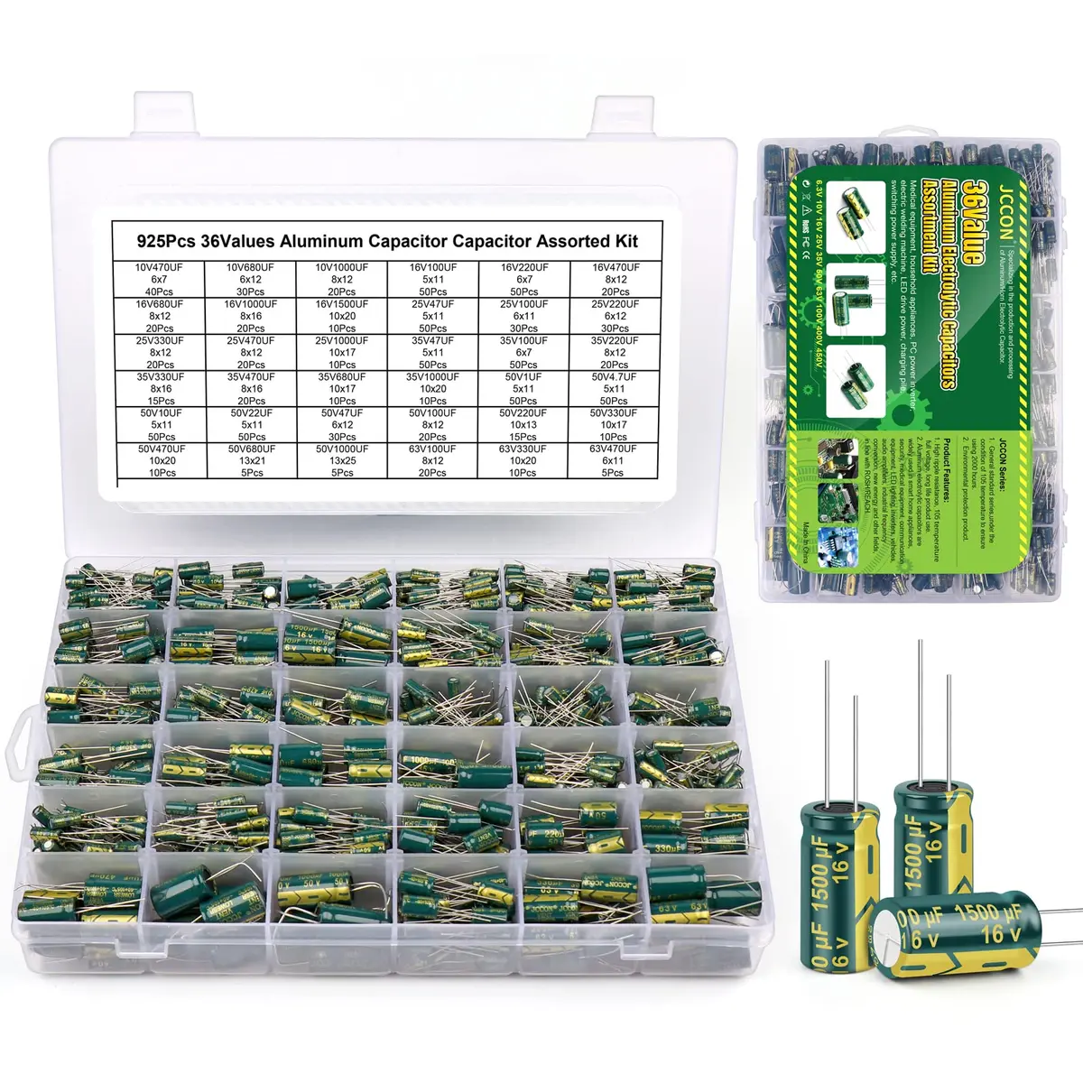 BEEYUIHF Aluminum Electrolytic Capacitor Assortment Kit 925Pcs (1uF-1500uF, 10V-63V) | Radial Lead, -40 to +105°C, 2000+ Hour Life - main product image