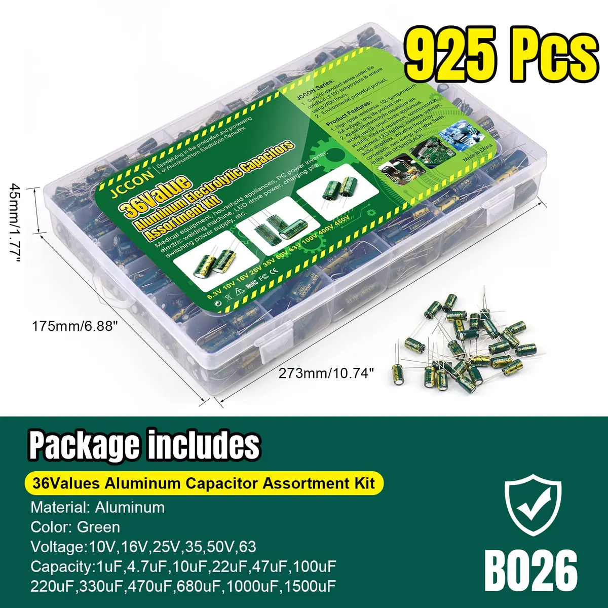BEEYUIHF Aluminum Electrolytic Capacitor Assortment Kit 925Pcs (1uF-1500uF, 10V-63V) | Radial Lead, -40 to +105°C, 2000+ Hour Life - view 7