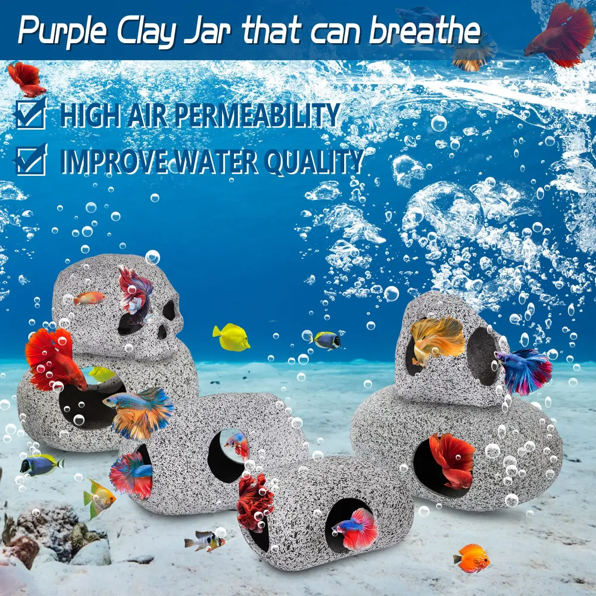 Ameliade Ceramic Betta Fish Tank Rock Cave Decor 9.5cm (3.74in) | Natural Stone Texture for Hiding & Breeding - view 5