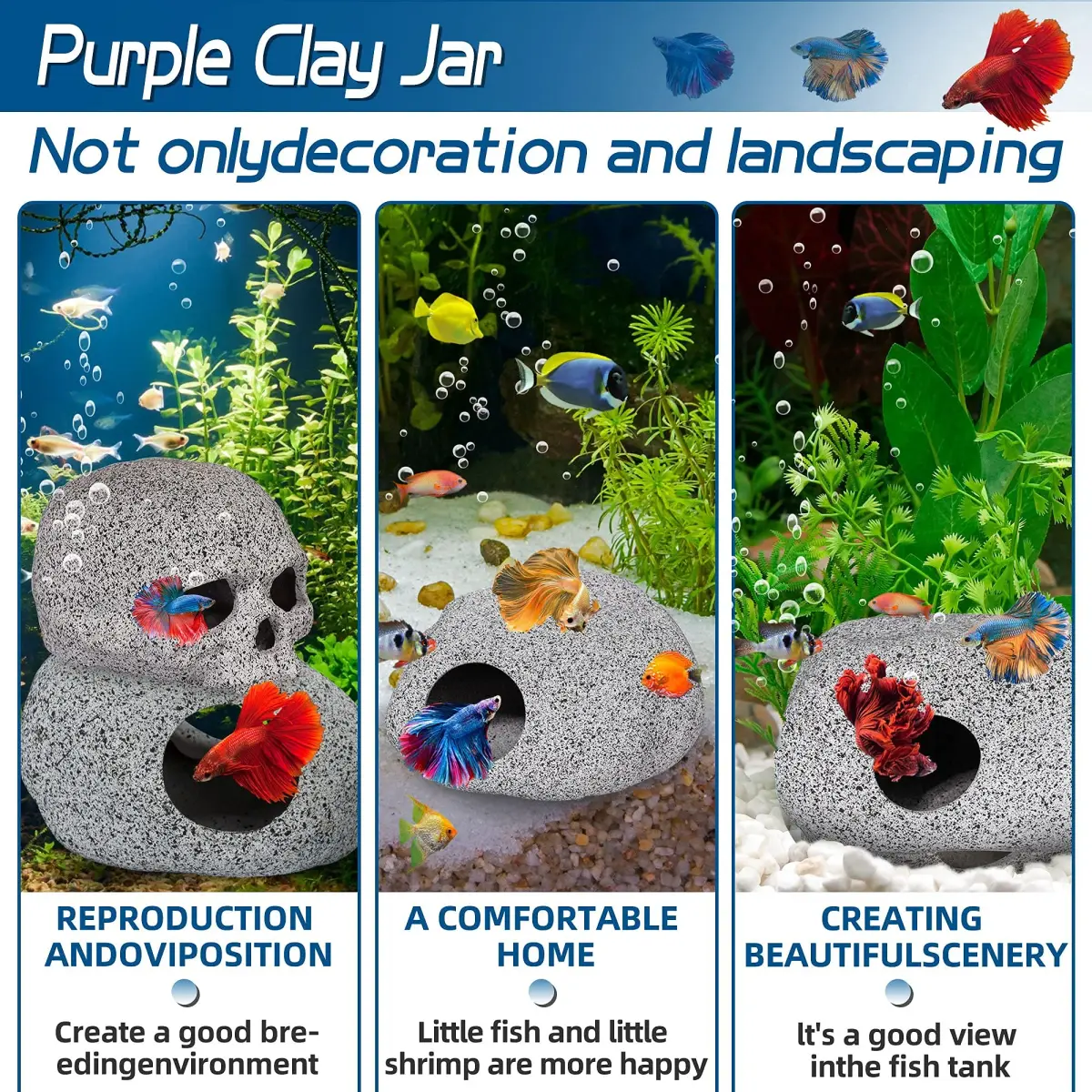 Ameliade Ceramic Betta Fish Tank Rock Cave Decor 9.5cm (3.74in) | Natural Stone Texture for Hiding & Breeding - view 6