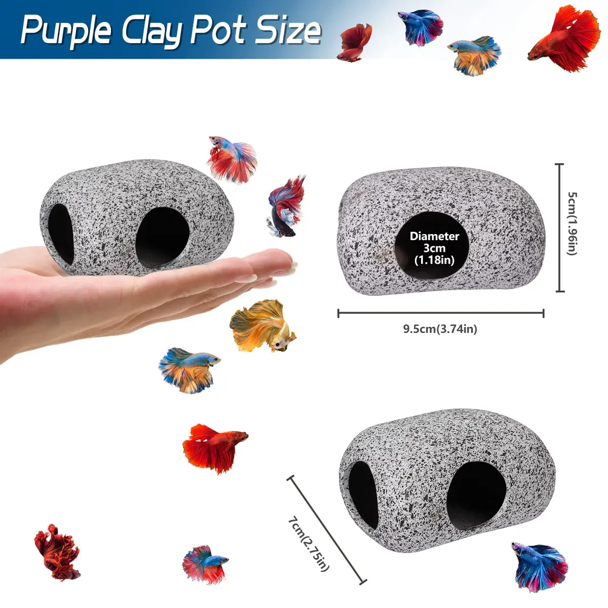 Ameliade Ceramic Betta Fish Tank Rock Cave Decor 9.5cm (3.74in) | Natural Stone Texture for Hiding & Breeding - view 2