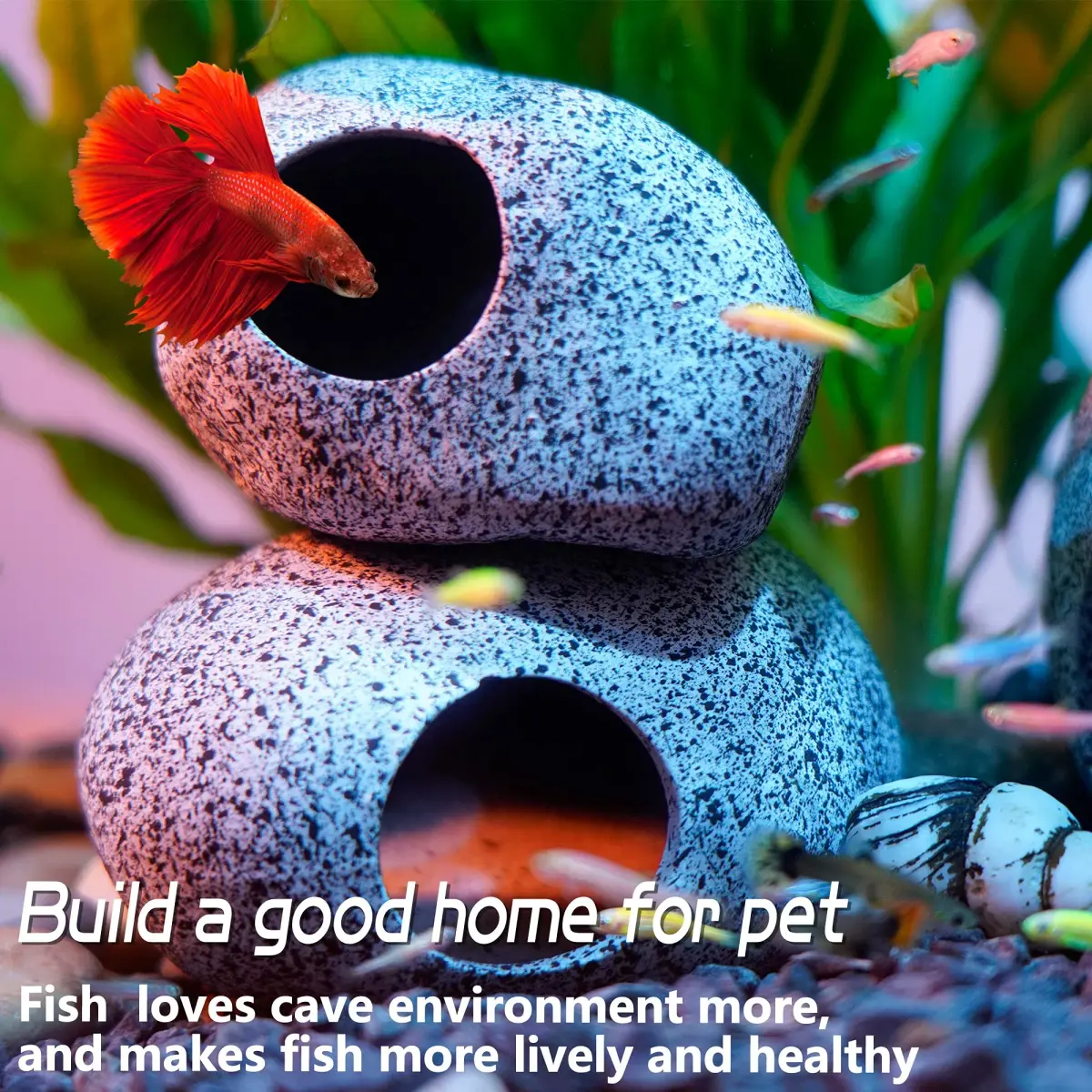 Ameliade Ceramic Betta Fish Tank Rock Cave Decor 9.5cm (3.74in) | Natural Stone Texture for Hiding & Breeding - view 4