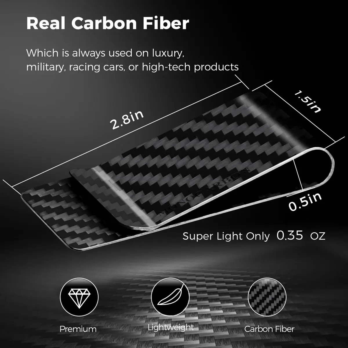 MONOCARCAR Carbon Fiber Money Clip Wallet for Men - Minimalist Money Holder - Strong Elastic Clip for Cash, Slim and Durable (Twill Glossy Black) - view 4