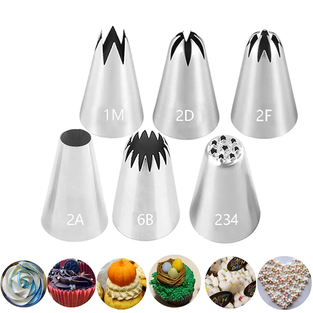 Bmaacye Large Icing Piping Tips Set for Cake Decorating,6 Tips | Stainless Steel Nozzles for Cake & Cookie Art - main product image