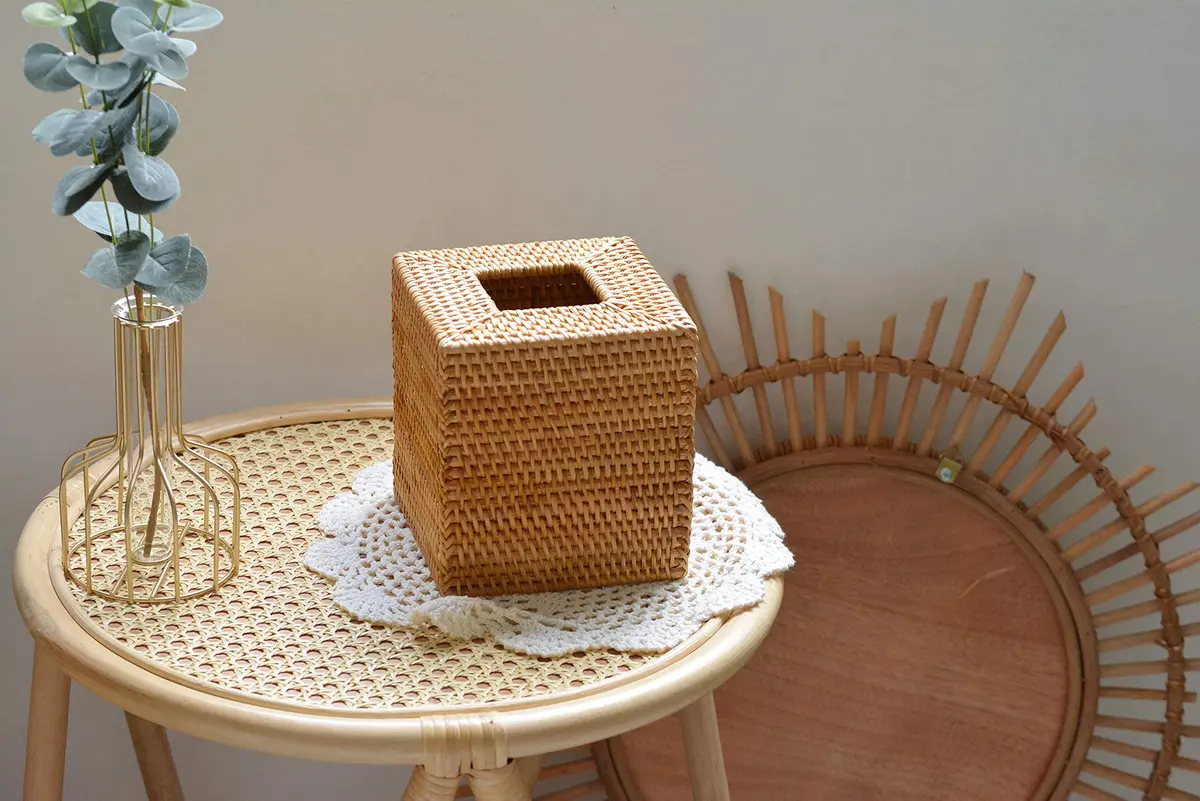 DECRAFTS Natural Rattan Square Tissue Box Cover 14cm (5.5x5.5x5.9 Inch) | Rustic Home Decor Organizer - view 6