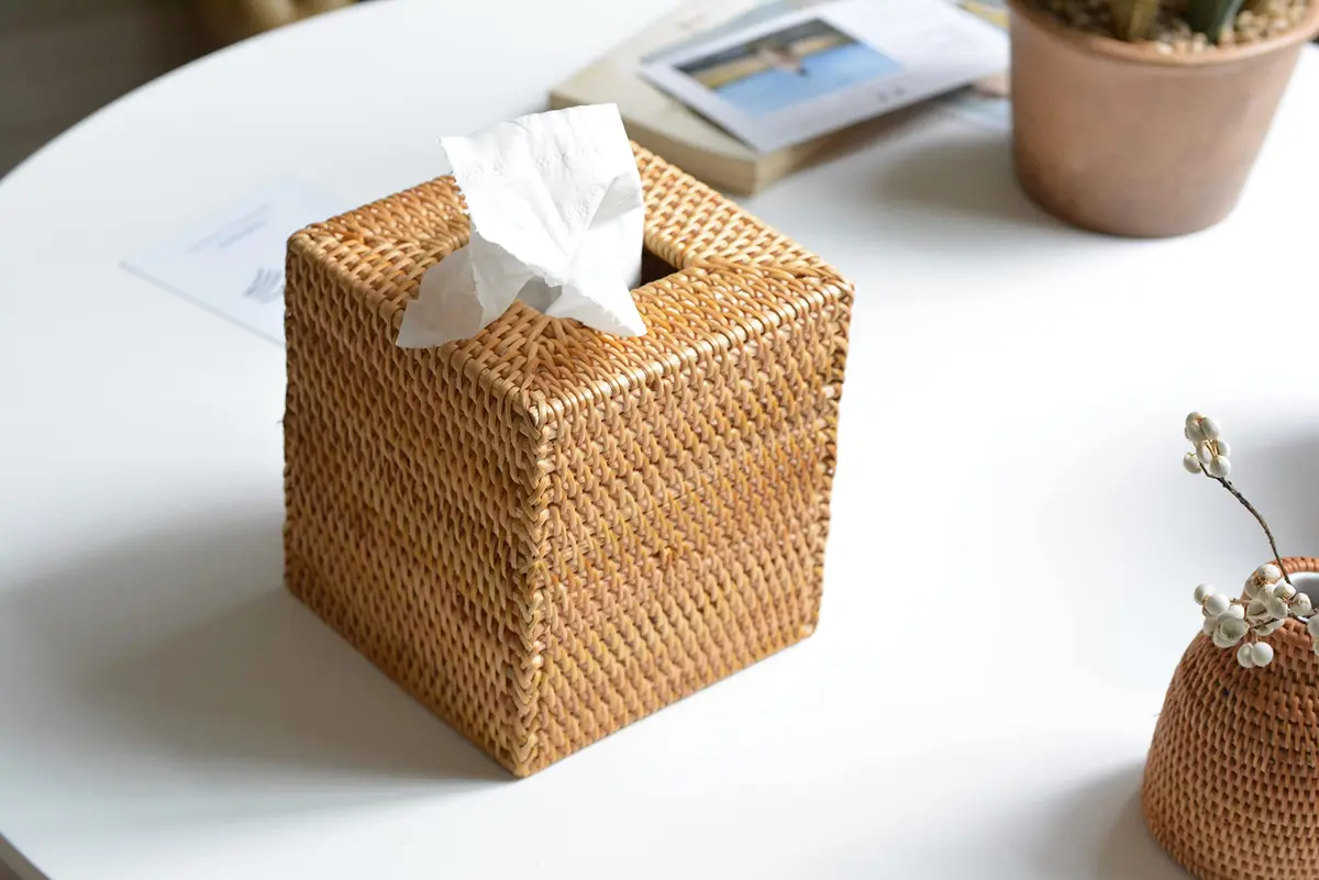 DECRAFTS Natural Rattan Square Tissue Box Cover 14cm (5.5x5.5x5.9 Inch) | Rustic Home Decor Organizer - view 4