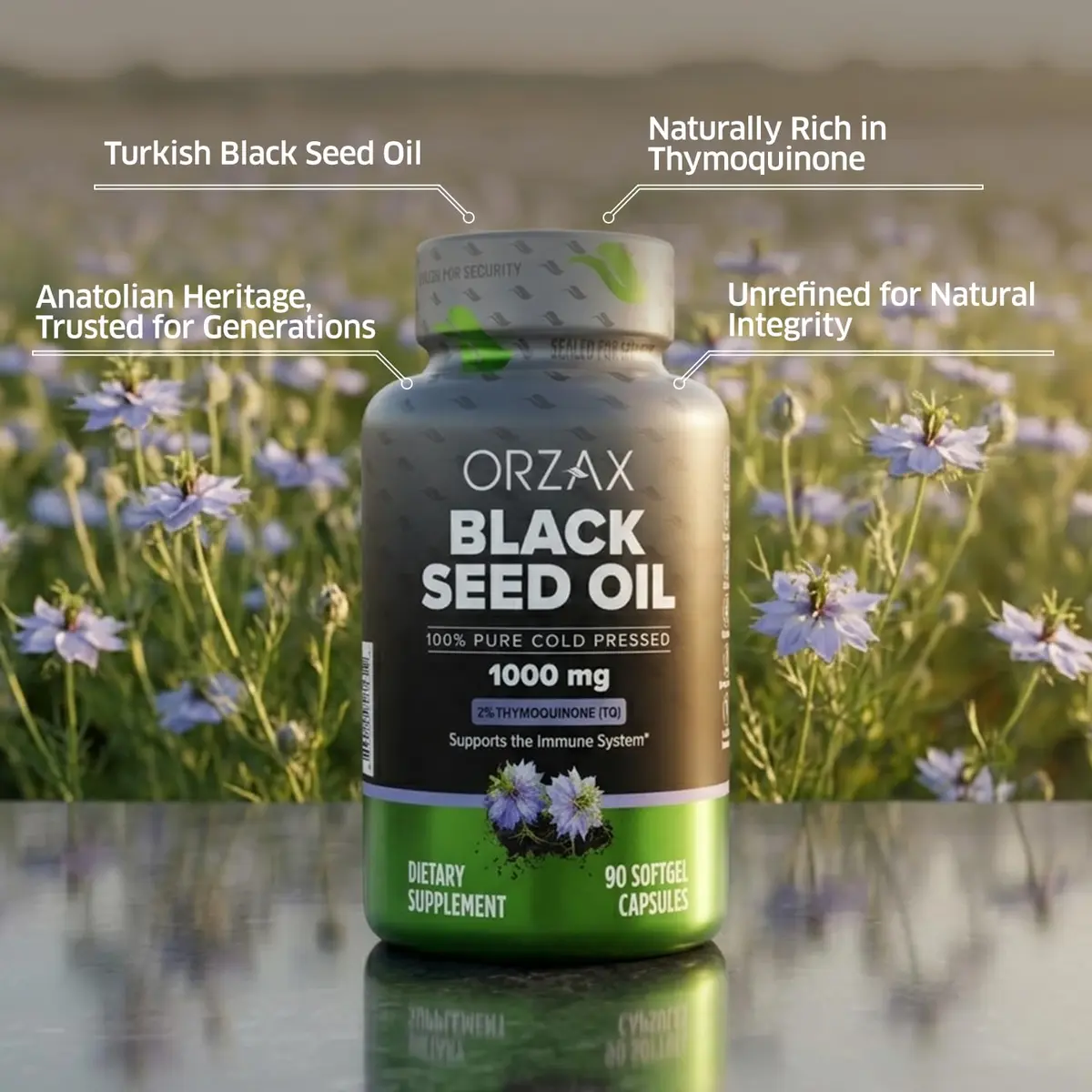 ORZAX Black Seed Oil Capsules 1000 mg | Standardized Thymoquinone for Immune & Skin Support - view 3