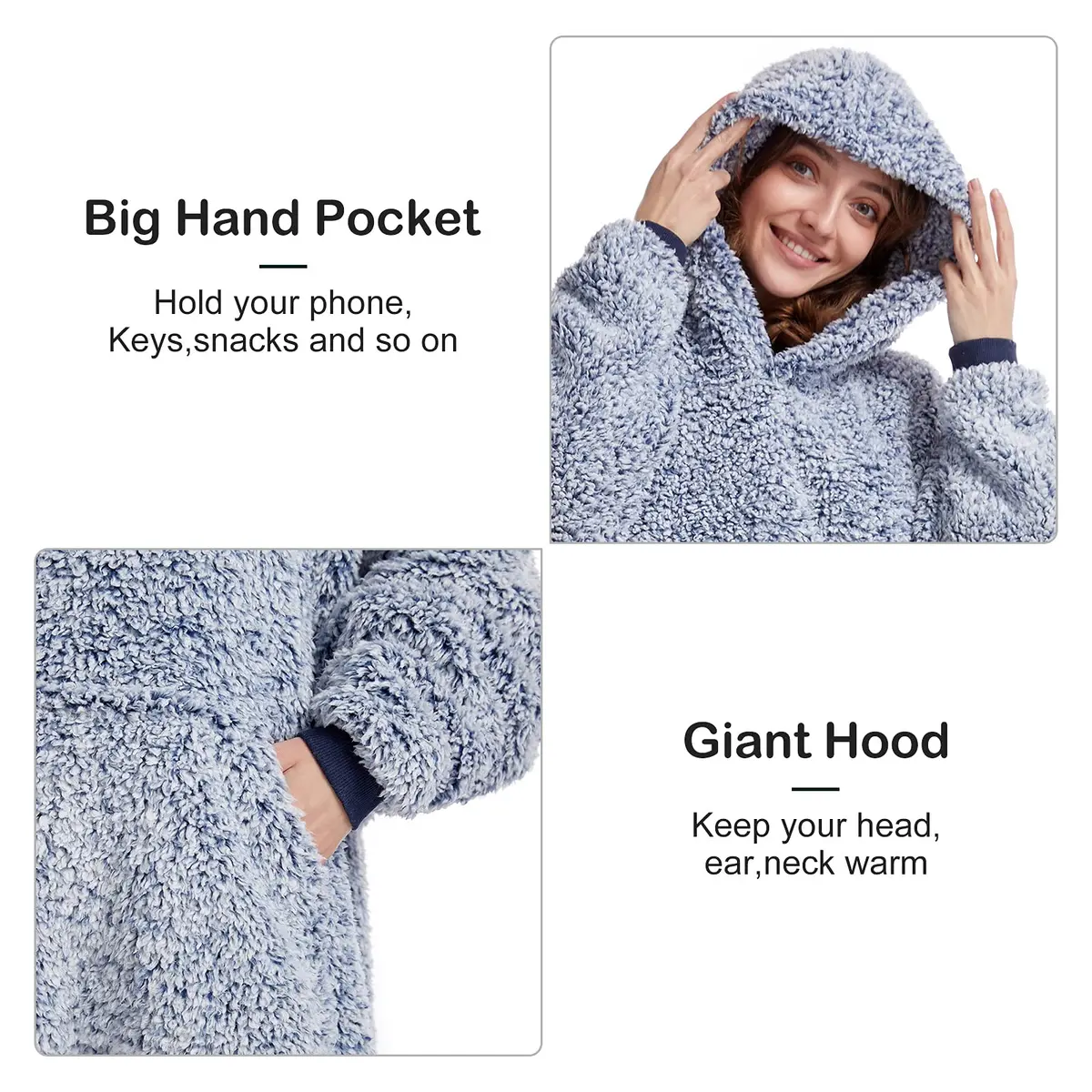 HORIMOTE HOME Oversized Sherpa Wearable Blanket Hoodie for Adults, Women, Men & Kids | Super Warm Light Weight, Blue - view 3
